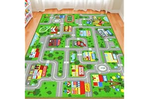 VSIWB Kids Carpet Playmat Rug 5'2''x3'3'', Kids Rugs for Bedroom, Non-Slip Town City Road Map Car Rugs for Kids Toy Cars, Track Carpet Play Rug for Playroom Classroom Decor (Green)