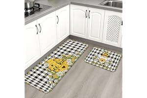Bee Kind Kitchen Mats for Floor, Yellow Floral Buffalo Check Soft Mats, Spring Cushioned Comfort Washable Non Slip Decor Rugs