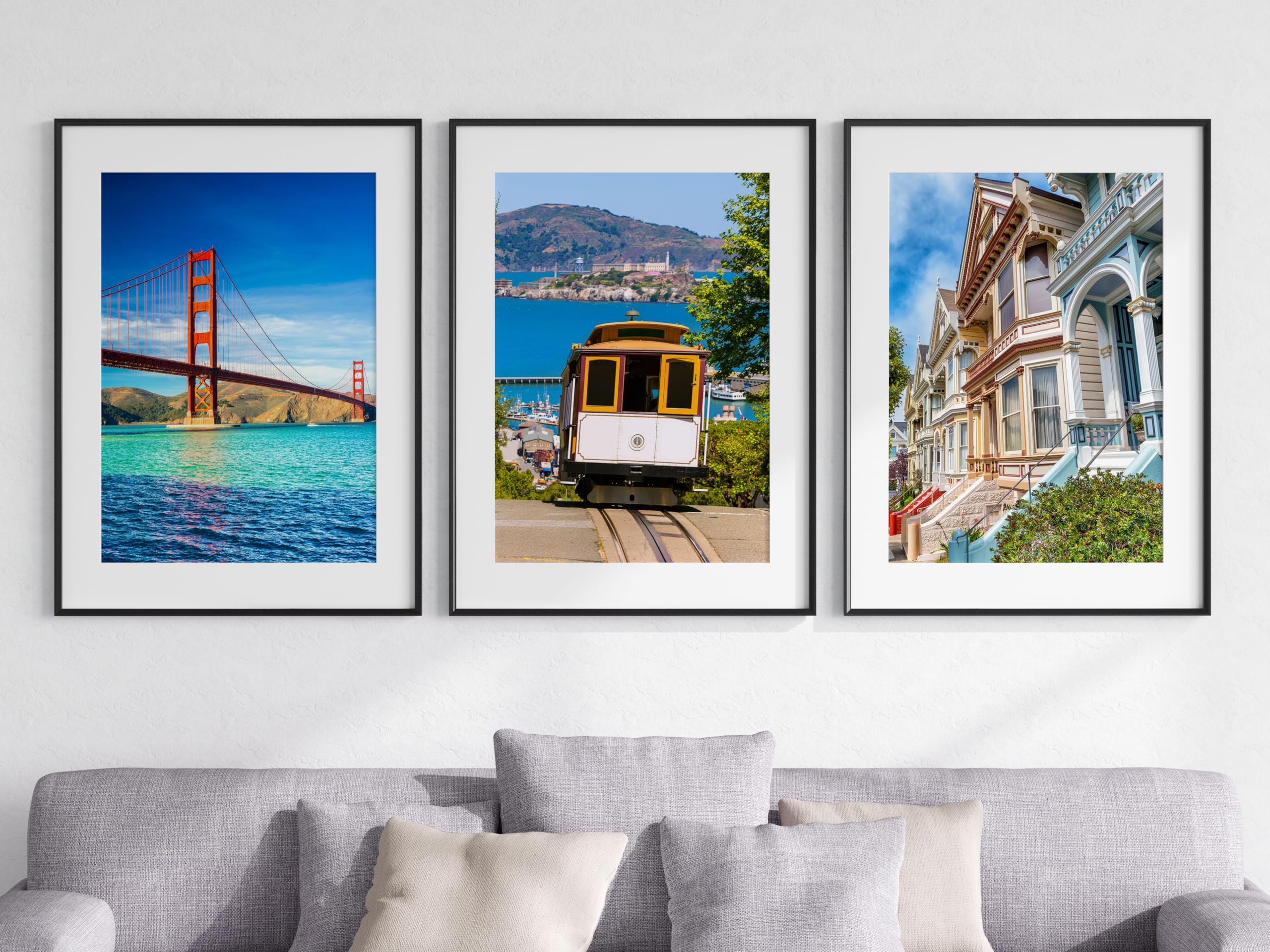 Eviepops Prints San Francisco Landscape Set of 3 Unframed Poster Prints, Photographic City Wall Art, Home Décor, Golden Gate Bridge, Yellow Cable Car, Alcatraz Island, Painted Ladies (A3)