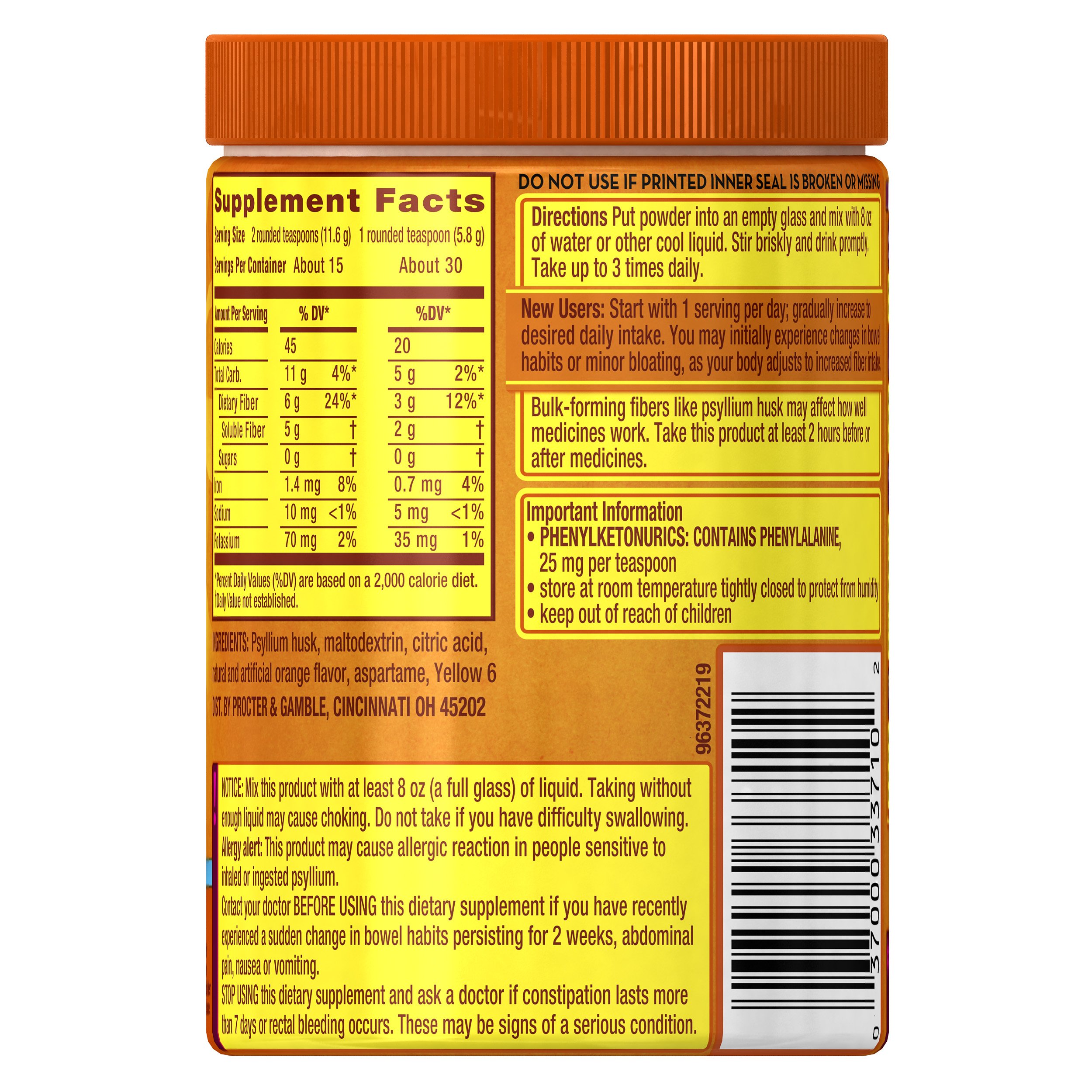 Metamucil Daily Fiber Supplement, Orange Smooth Sugar Psylllium Husk