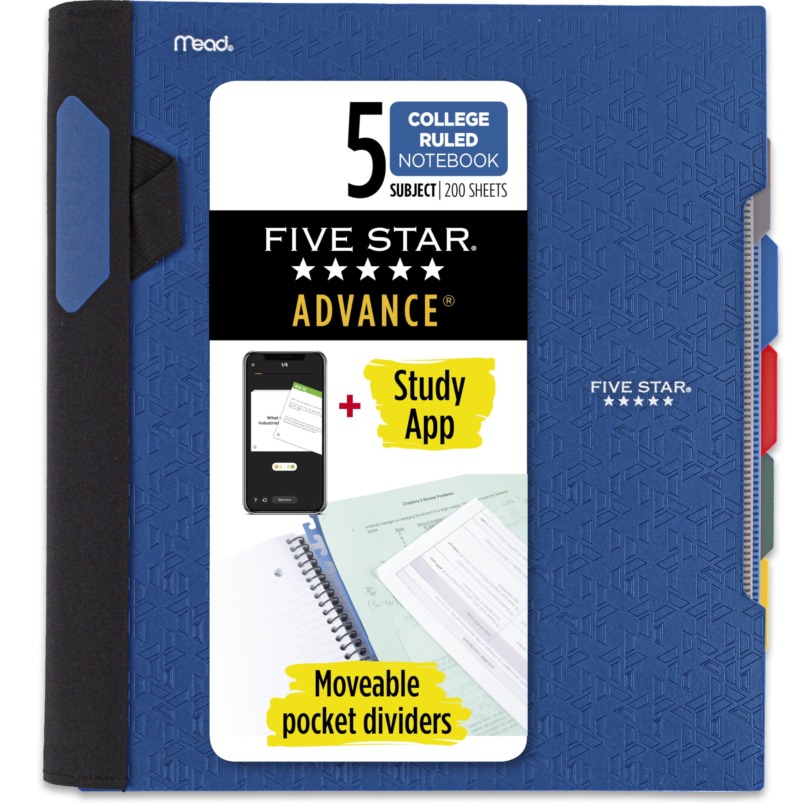 Five Star Advance Spiral Notebook + Study App, 5 Subject, College Ruled Paper, 8-1/2" x 11", 200 Sheets, Spiral Guard, Movable Tabbed Dividers, Pacific Blue (73150) (Pack of 6) Image