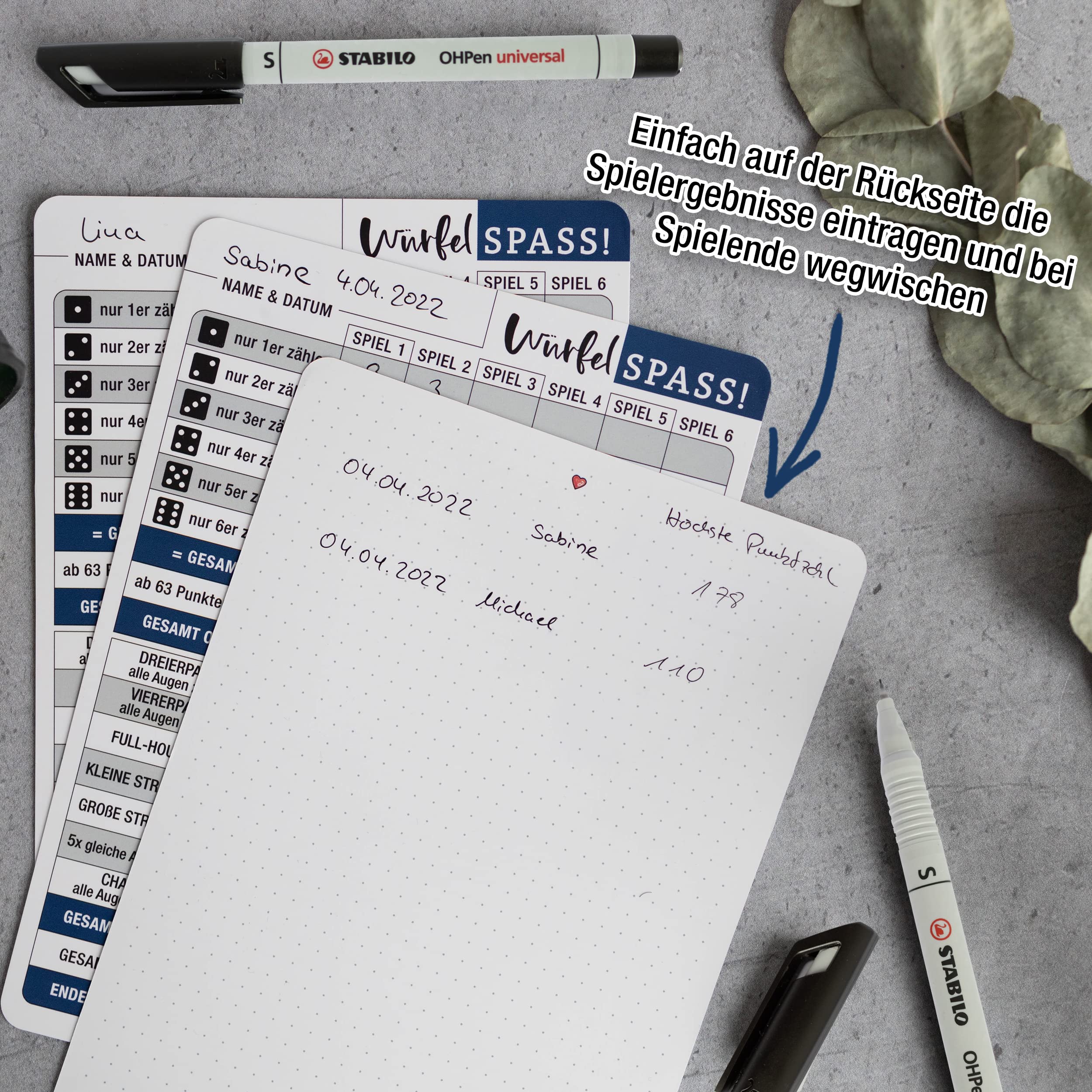 TOBJA Würfelspiel abwischbar inkl. Stifte - 5X DIN A5 Blätter wiederverwendbar mit 2 Stiften | Für Senioren Extra große Schrift/Zahlen | Reisespiele Seniorenspiele (5X abwischbar + Stifte) 4