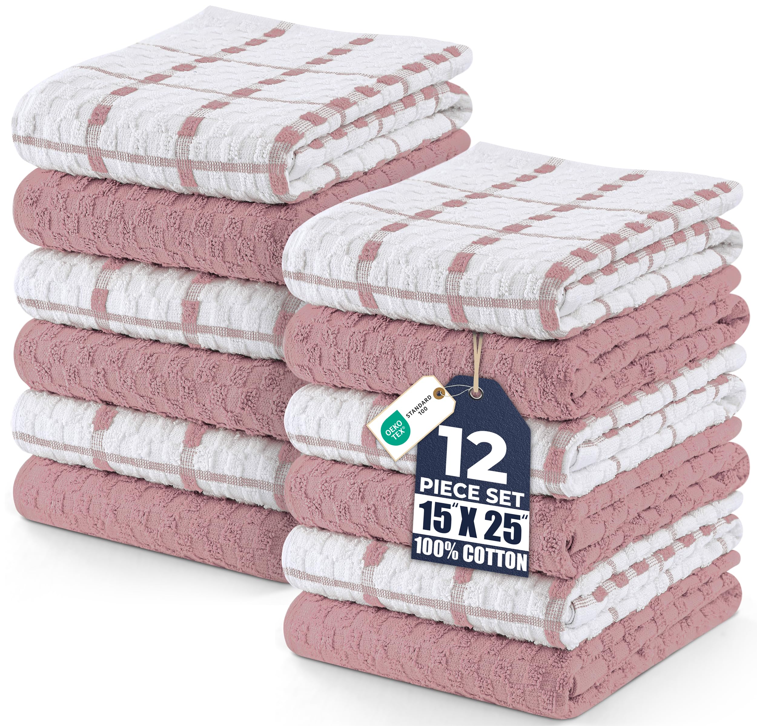 Utopia Towels Kitchen Towel Pack (12), 15 x 25 Inch Absorbent Soft Cotton Linens, Tea and Bar Towels Set (Dusty Pink)