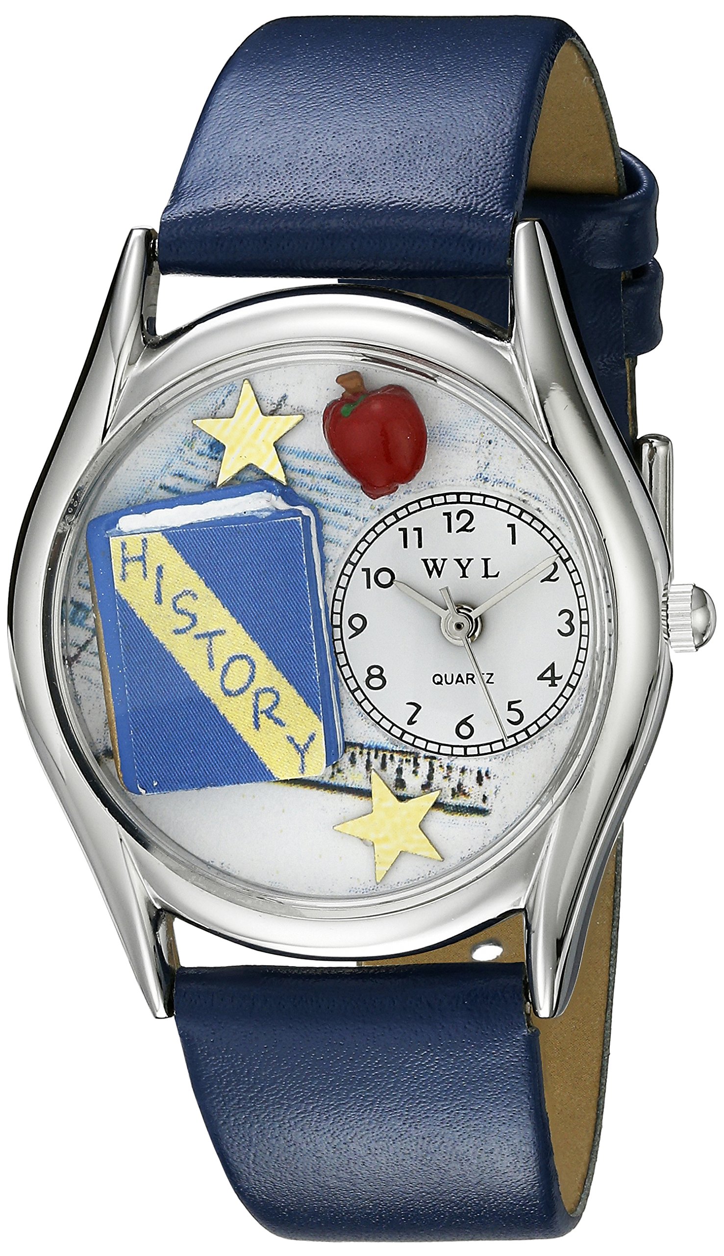 Whimsical Watches History Teacher Royal Blue Leather and Silvertone Unisex Quartz Watch with White Dial Analogue Display and Multicolour Leather Strap S-0640009