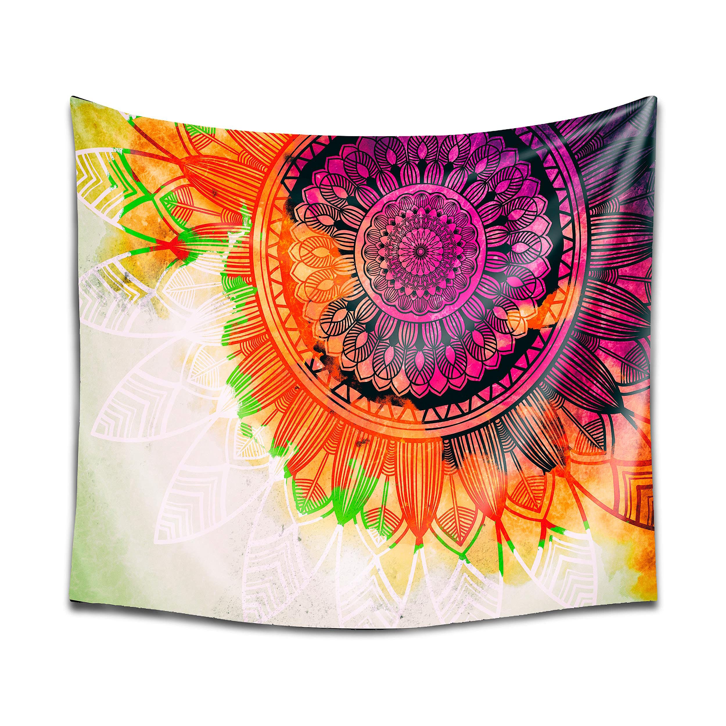 DekoArte TP36 – Modern Wall Tapestry Digitized Art Print | 100% Polyester Fabric Decoration for Your Living Room or Bedroom | Mandala Style Vivid Shades with White | 150 x 130 cm