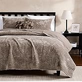 WDCOZY Velvet Queen Size Quilt Set - Brown Taupe Tan Camel Striped Pick Stitch Soft Lightweight Bedspread, Channel Farmhouse Country Rustic Coverlet, Modern Bedding Warm Thin Comforter, 3 Pieces