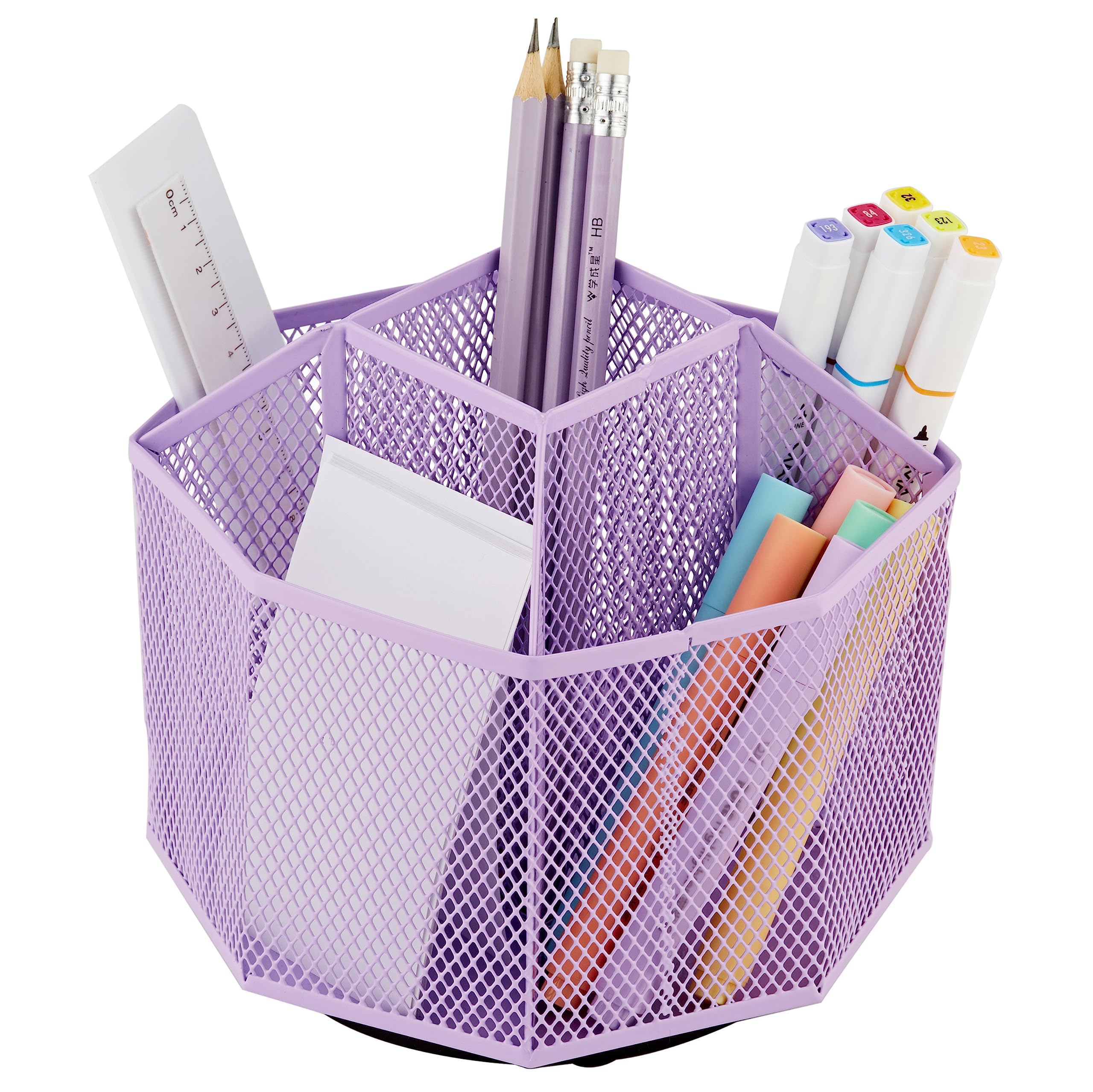 Annova Mesh Desk Organizer Rotate with 5 Compartments Spinning Tidy Candy/Pen Holder Office, Art Supply, Storage, Classroom, Home (Light Purple)