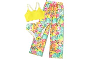 NECIOUS Girls Swimsuit, 3 Piece Bikini Bathing Suit Tropical Floral Swimwear with Cover Up Pants 7-16Y