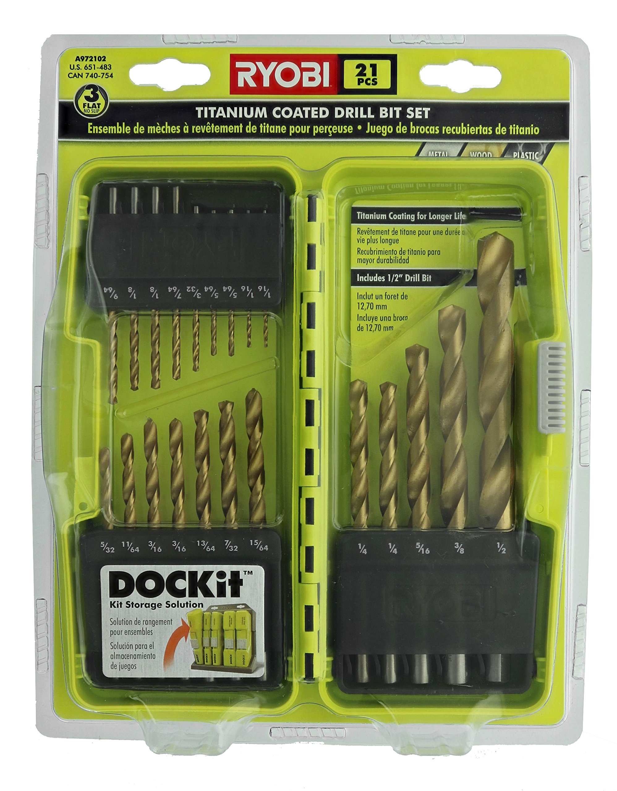 Ryobi A972101 21 Piece Titanium Drill Bit Set w/Plastic Locking Storage Case and Foldout Rubberized Organization Solution