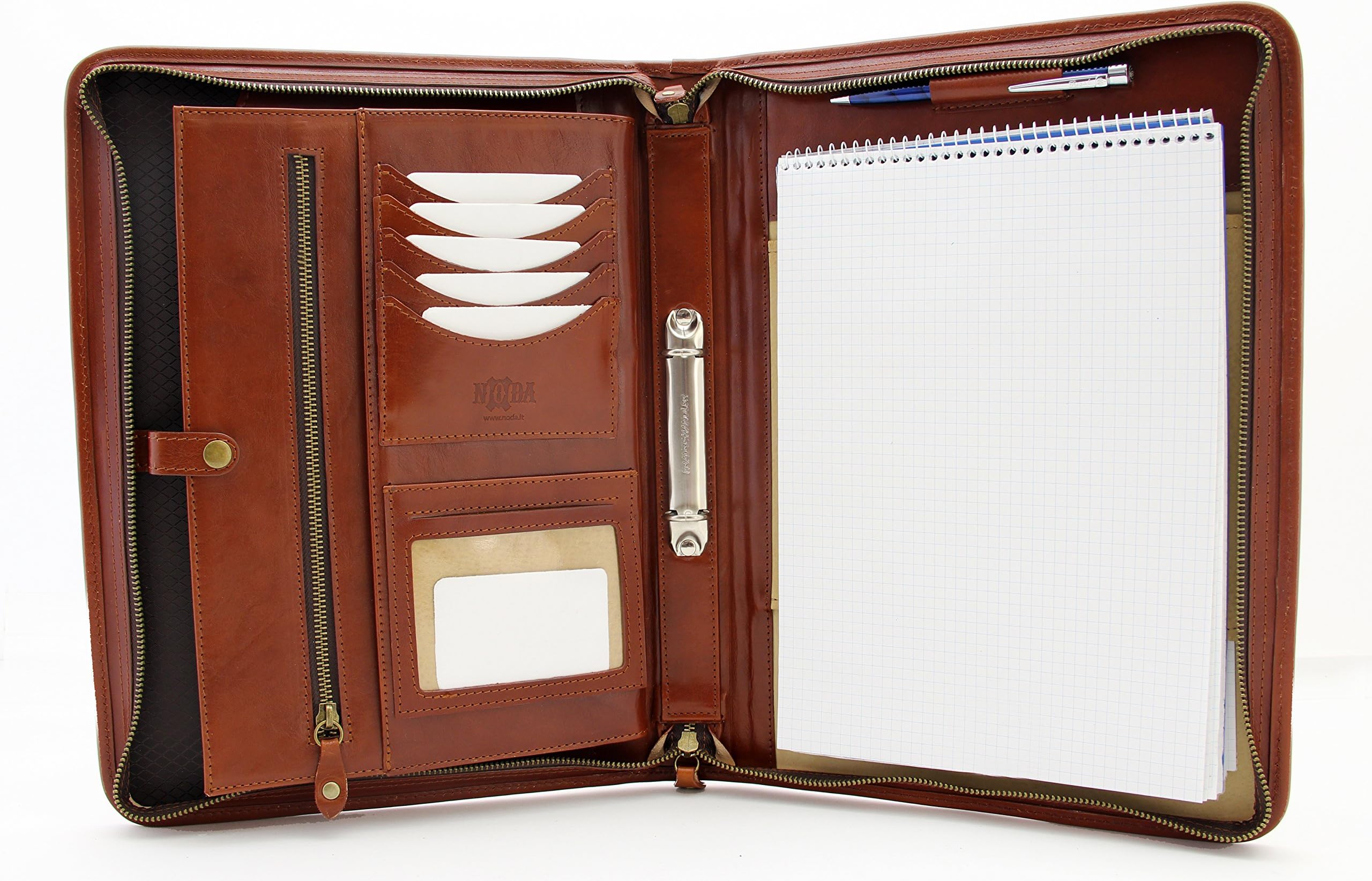 Noda Italian Leather Portfolio, Zipped A4 Folder, Padfolio 2 Ring Binder, Leather Folio with Handle (Cognac)