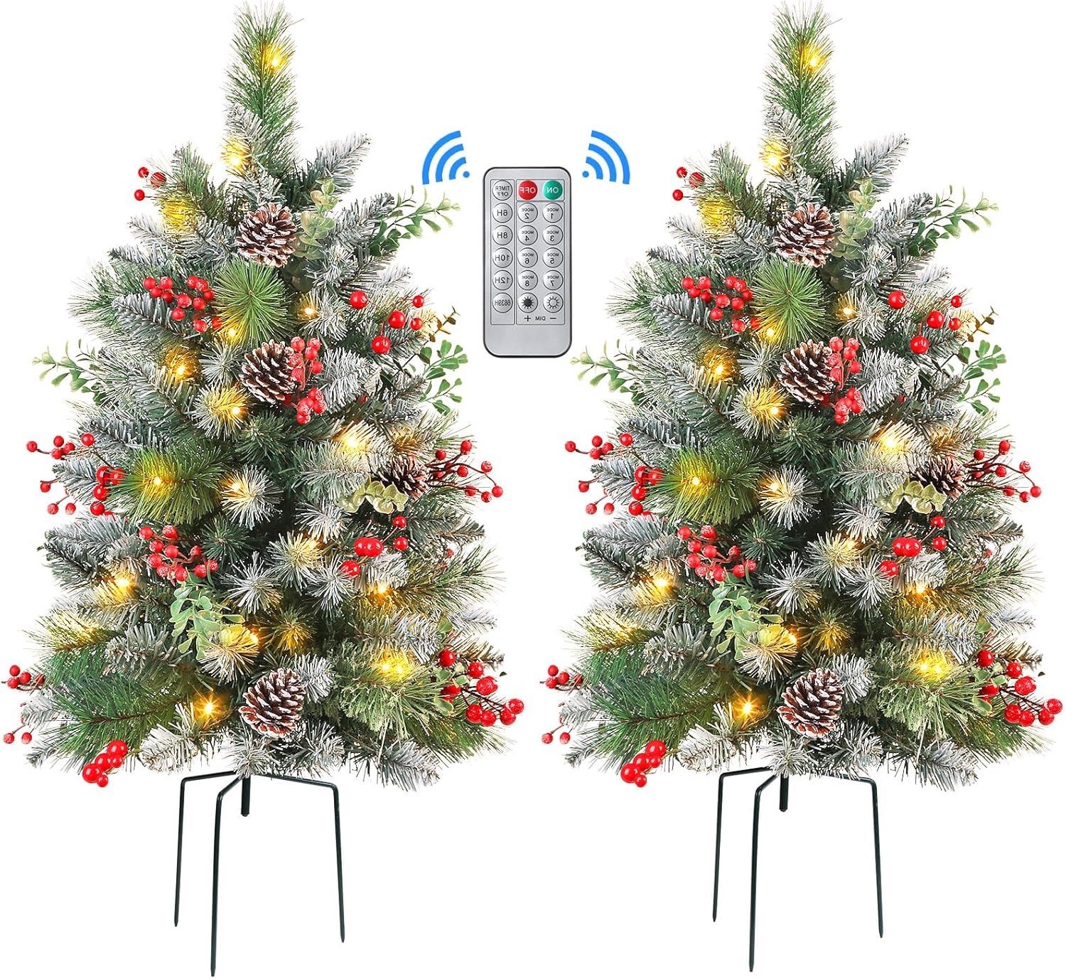 Trees - Alupssuc Set of 2 24.5 Inch Lighted Outdoor Christmas Tree with Remote, Multi-Color Lights, Battery Operated Pre-lit Pathway Urn Filler, Christmas Porch Decorations for Home, Porch & Yard