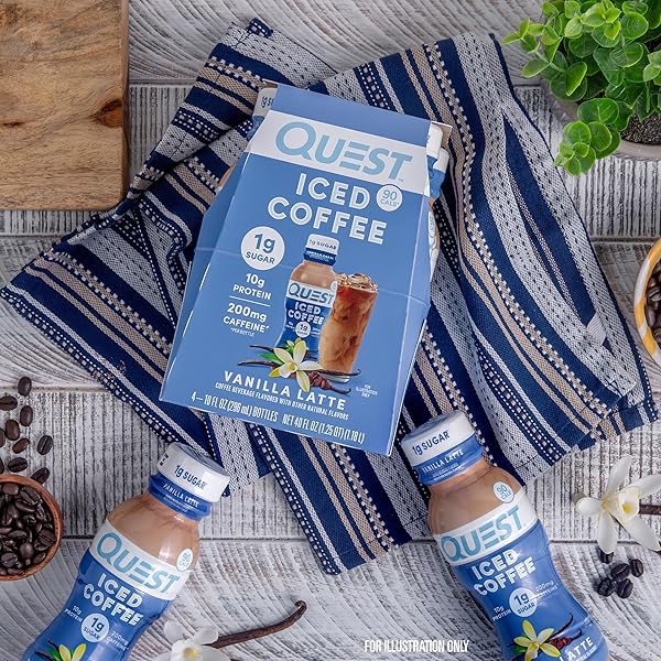 QUEST NUTRITION ICED COFFEE, VANILLA LATTE, 1G OF SUGAR, 10G OF PROTEIN, 90 CALORIES, 200MG OF CAFFEINE, 4 COUNT