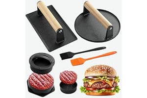 POLIGO 5PCS Smash Burger Press Kit - 4 in 1 Stuffed Burger Mold, 2PCS Cast Iron Burger Presses, Sauce Brushes Included - Non Stick Smash Burger Press Set for Grill and Griddle Cooking