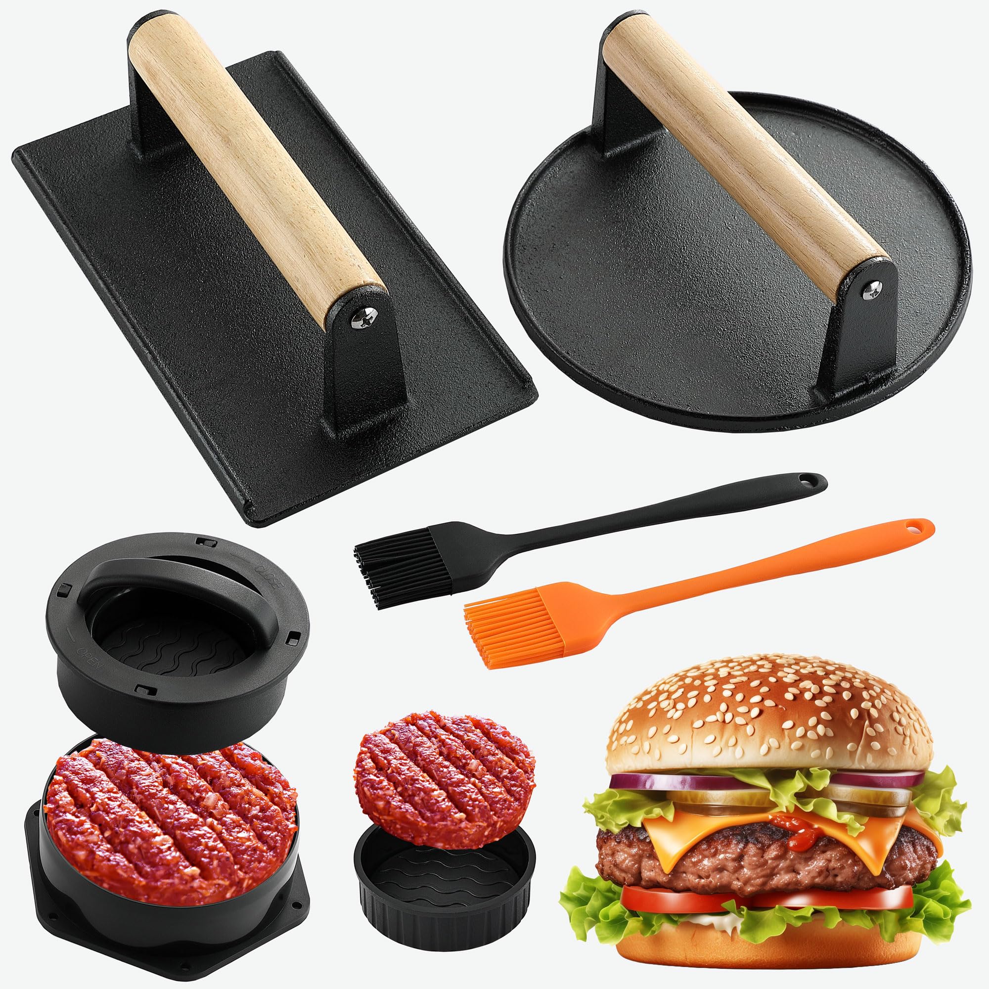 Photo 1 of **MISSING PIECES, PLEASE SEE PHOTOS**POLIGO Smash Burger Press Kit - 4 in 1 Stuffed Burger Mold, 2PCS Cast Iron Burger Presses, Sauce Brushes Included - Non Stick Smash Burger Press Set for Grill and Griddle Cooking