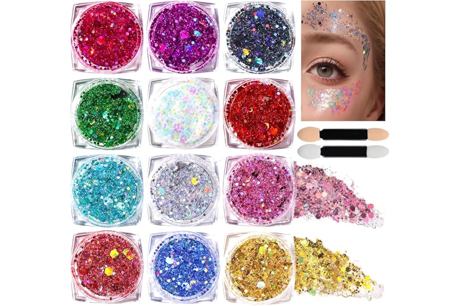 Teenitor Body Glitter Face Glitter Makeup Festival Glitter, 12 Colors Face and Body Glitter Gel, Hair Glitter Gel, Body Makeup