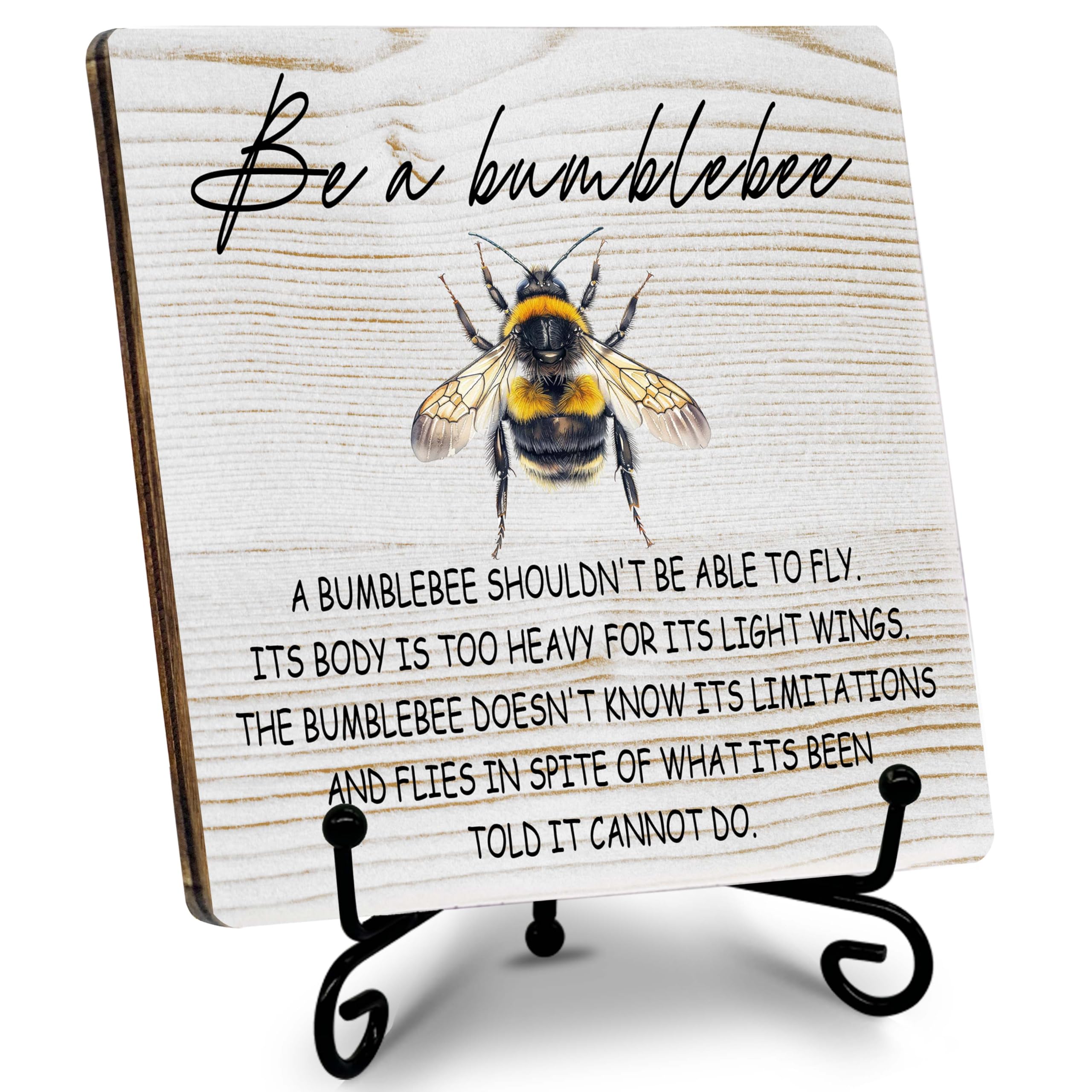 Photo 1 of ‘Be A Bumblebee’ Motivational 5.1x5.1 Wooden Plaque with Stand, Inspirational Rustic Home Decor, Inspirational Decorations for Desk, Table, Shelves, etc., Gifts for Friends, Family, etc.(069)