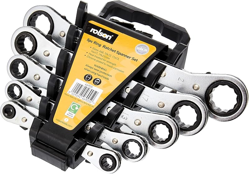 Rolson 46905 5 Piece Ratchet Ring Spanner Set 6x8 to 19x21mm Chrome