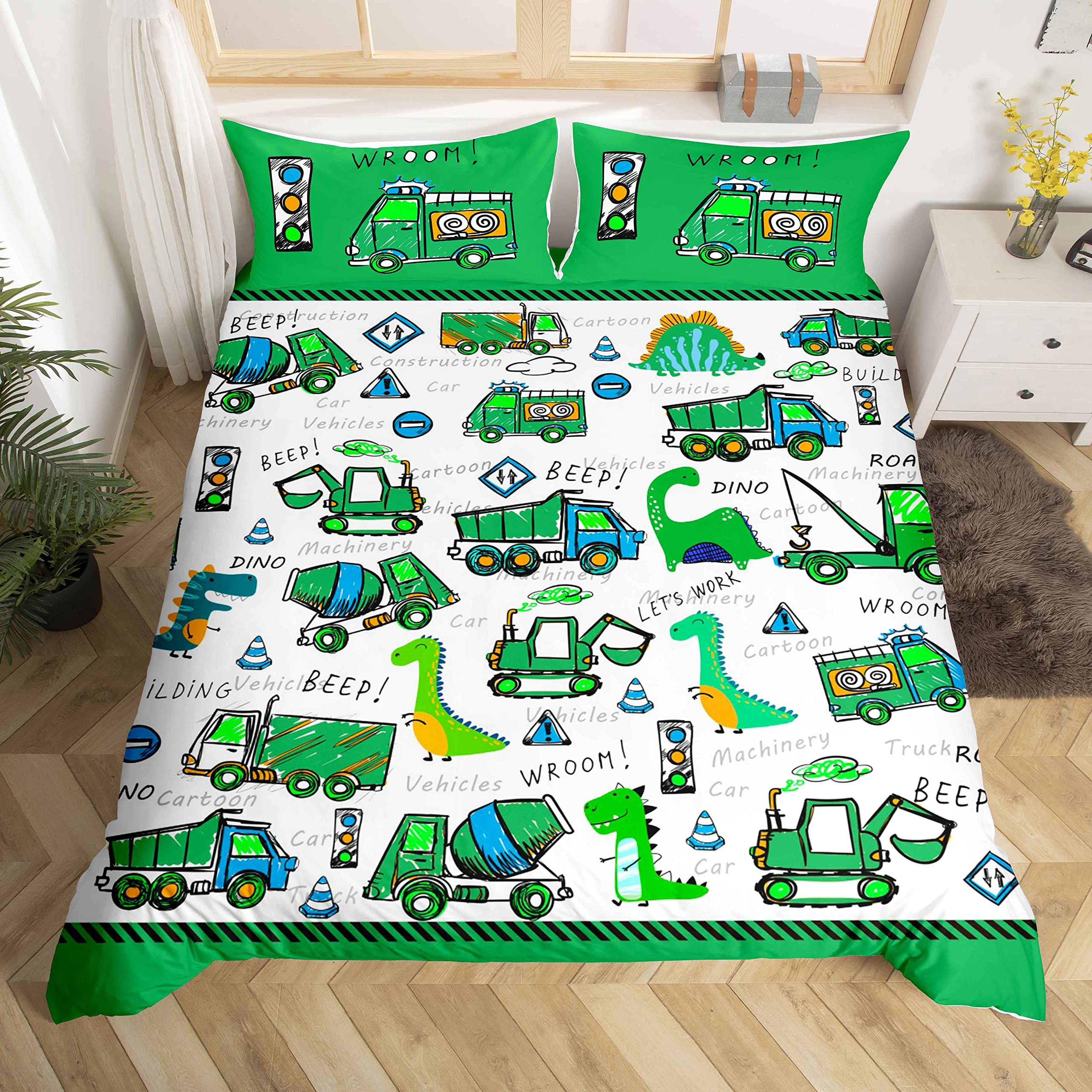 Loussiesd Kids Construction Bedding Set Boys Cute Cartoon Dinosaur Toddler Soft Equipment Duvet Cover Trucks Excavators Car Comforter Cover with 2 Machinery Truck Pillowcase, Double Dino Bed Set