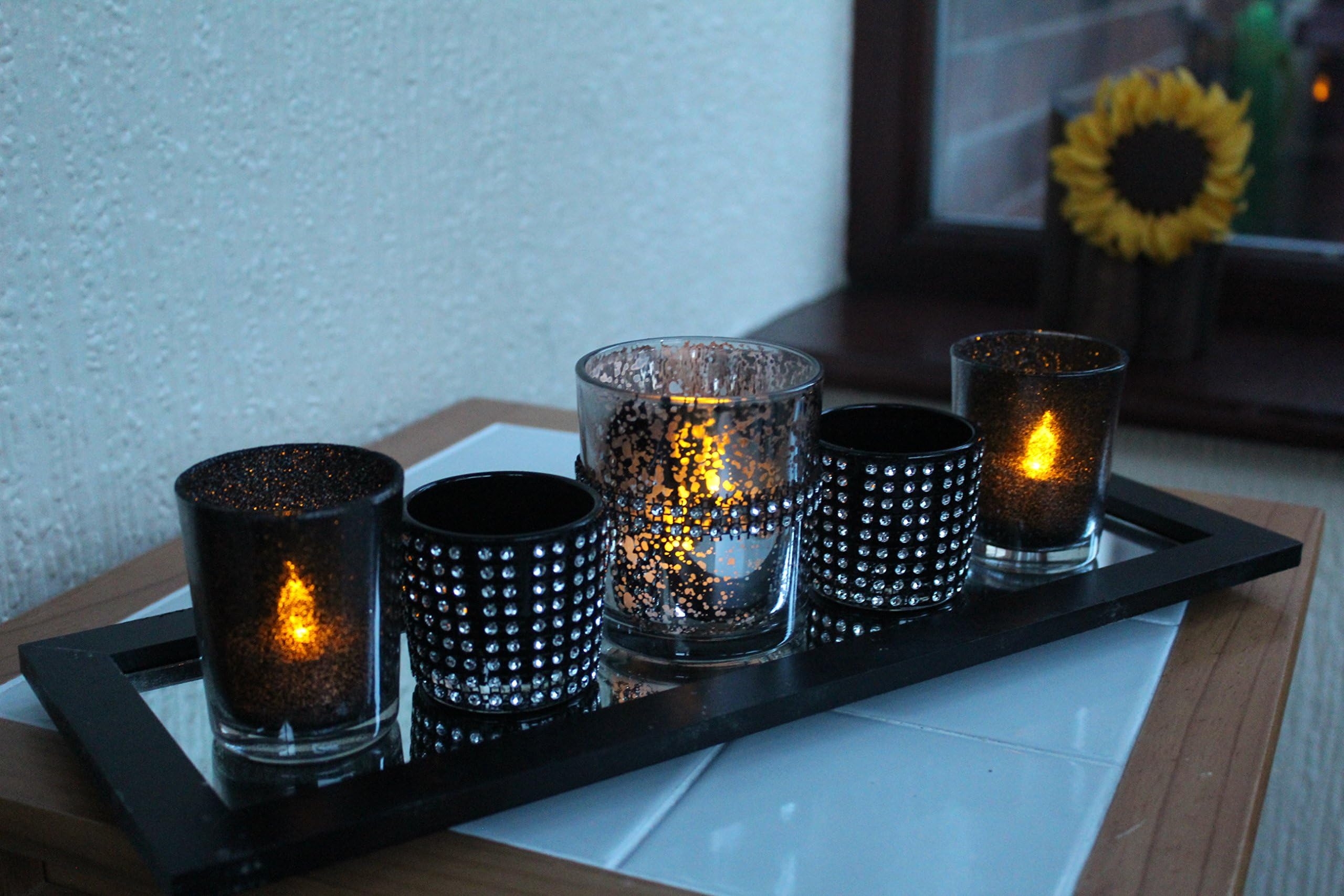 SET OF 5 CANDLE HOLDERS ON TRAY DIAMANTE CANDLE HOLDER ON WOODEN & MIRRORED TRAY