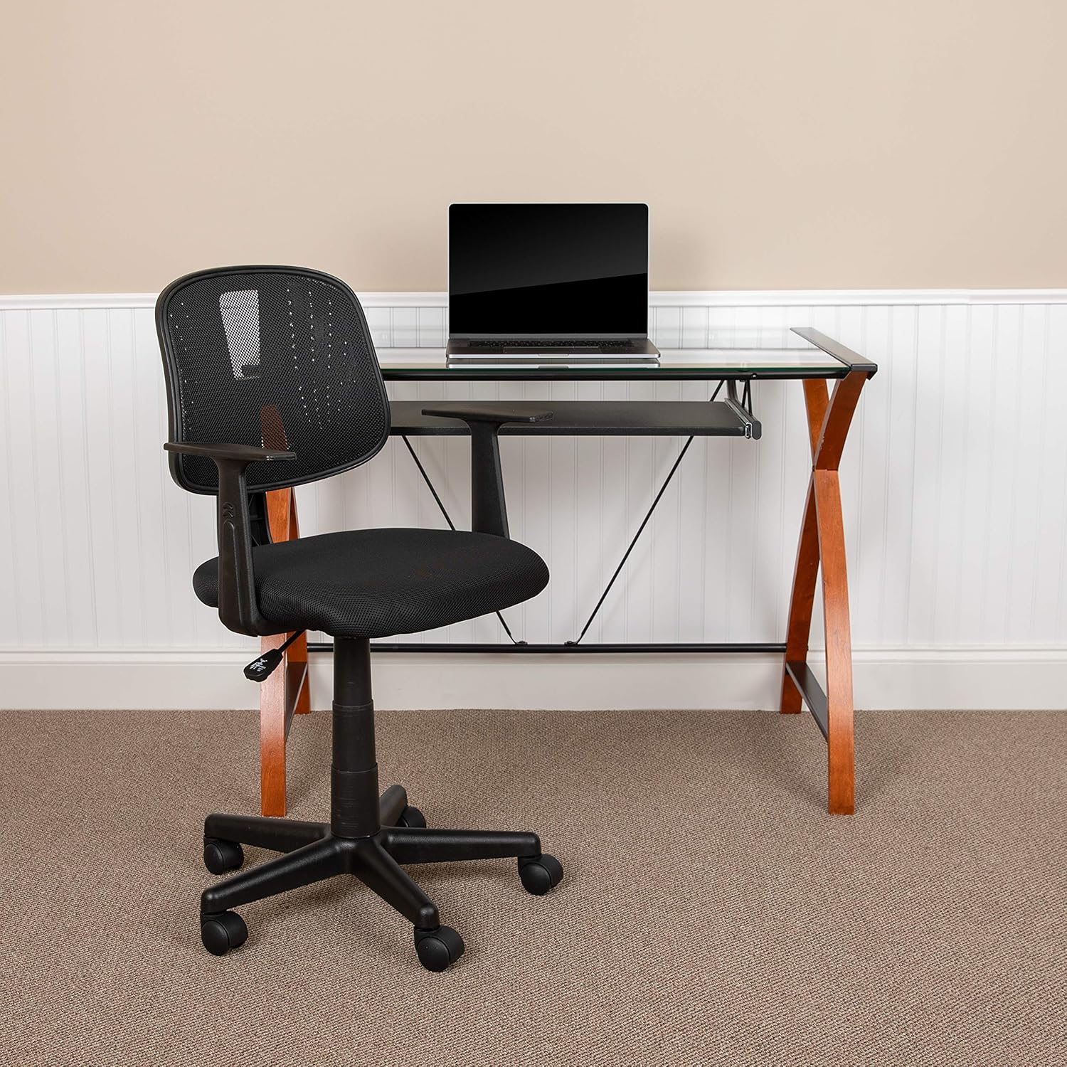 Flash Fundamentals Mid-Back Black Mesh Swivel Task Office Chair with Pivot Back and Arms: Furniture & Decor