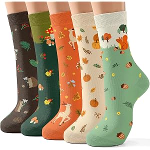 Jeasona Fall Knit Cozy Socks Autumn Aesthetic Gifts for Women 5 Pairs | Pumpkin Mushroom Squirrel Patterned Crew Vintage Sock