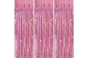 BOMSI 3 Pack Pink Metallic Tinsel Foil Fringe Curtains Backdrop for Pink Party Birthday Wedding Bachelorette Holiday Party Decorations Photo Booth Props Pink Theme Graduation Party Decorations