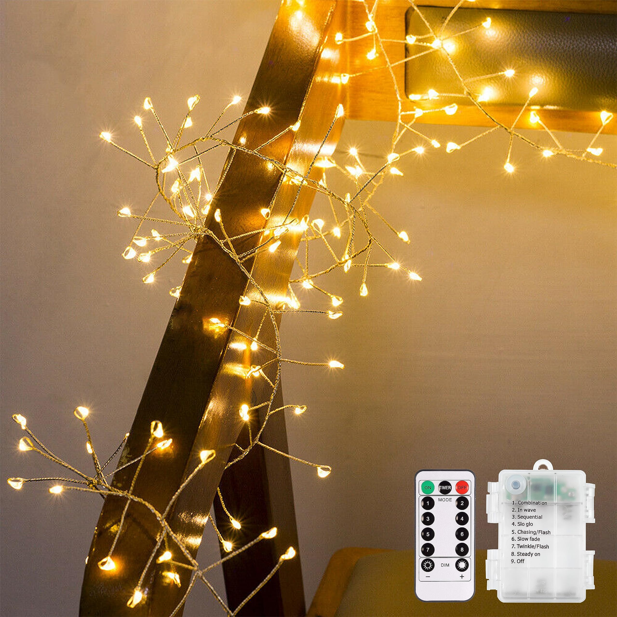 CCILAND 3m Remote Garland String Lights for Bedroom, 8 Mode 200 LED Cluster Light Battery Operated with Timer, Dimmable Wedding Party Decor Light for Tree Vase Window (Warm White, Silver Wire)