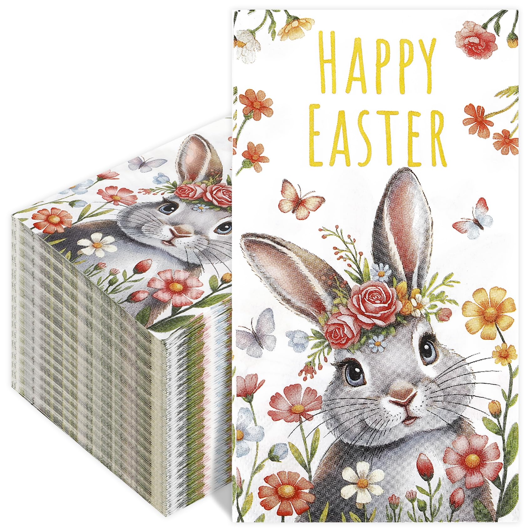 Photo 1 of 100 Pcs Happy Easter Bunny Napkins, Easter Disposable Paper Decorative Guest Napkins, Spring Bunny Rabbit Disposable Hand Towels for Lunch Dinner Kitchen Bathroom Party Table Decorations