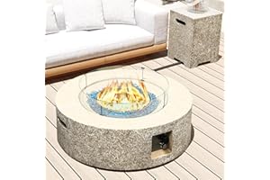 UPHA 42-inch Outdoor Propane Gas Fire Pit Table 50000 BTU Concrete Rectangle FirePit for Outside Patio with Propane Tank Cover, Wind Guad, Blue Glass Rocks, Rain Cover, Beige Texture