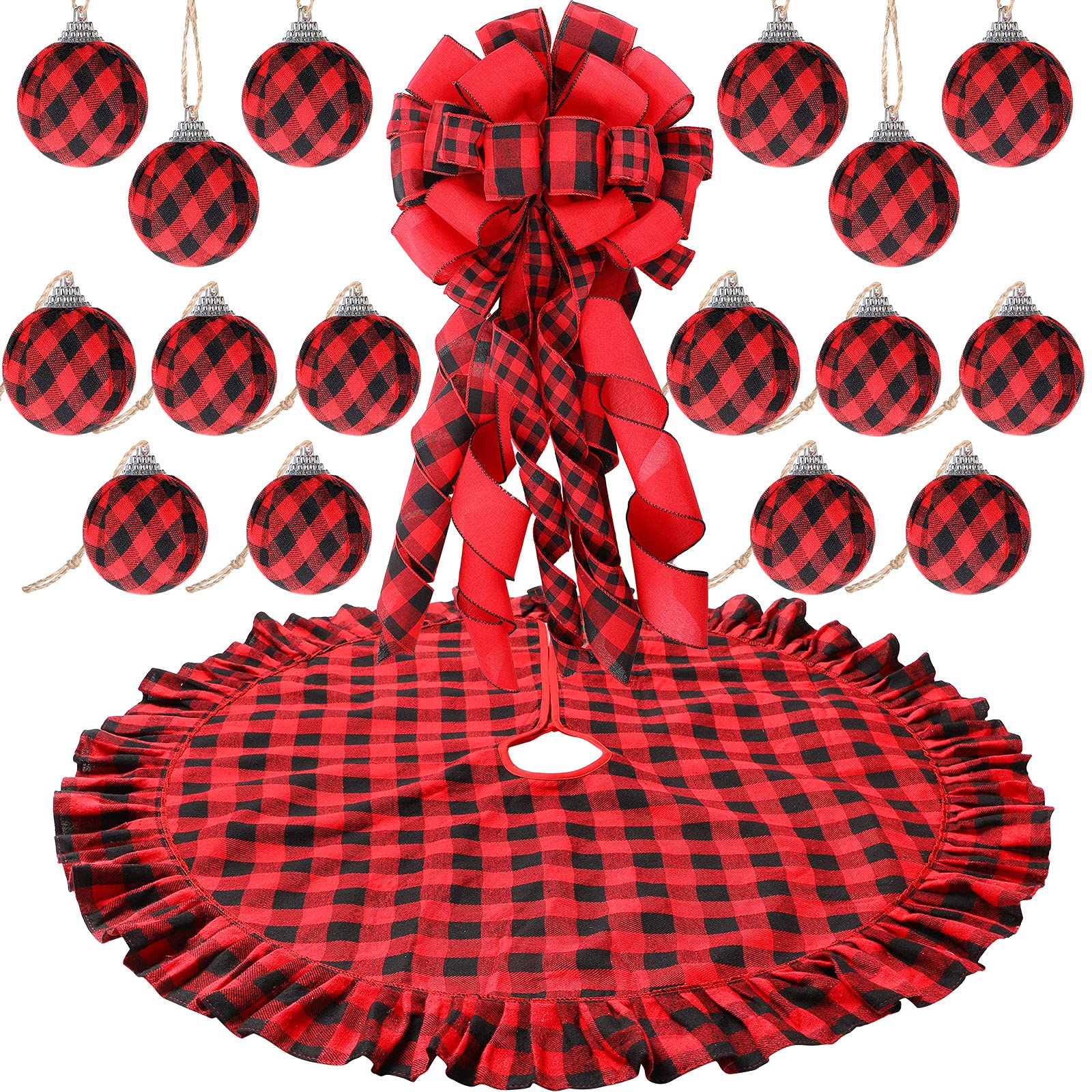 Syhood Christmas Tree Burlap Decorations 12 x 33 Inch Christmas Tree Topper Decorative Big Hanging Bow, 16 Pcs Burlap Xmas Ball Ornaments and 40 Inch Double Layer Skirt(Red Black)