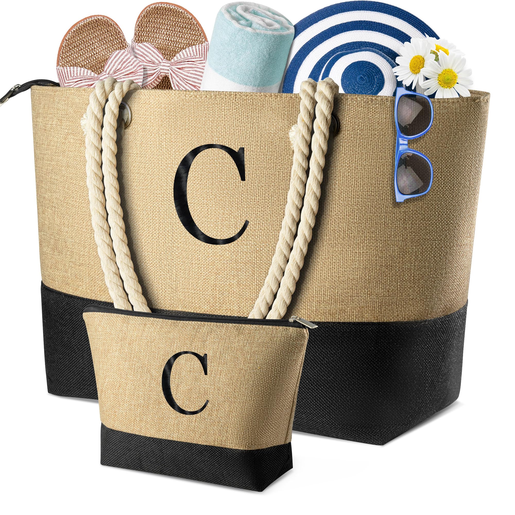 Photo 1 of TOPEAST Beach Gifts for Women - Initial Beach Bag Makeup Bag Travel Essentials, Unique Anniversary for Her Personalized Birthday Gifts for Women Mom Friend C