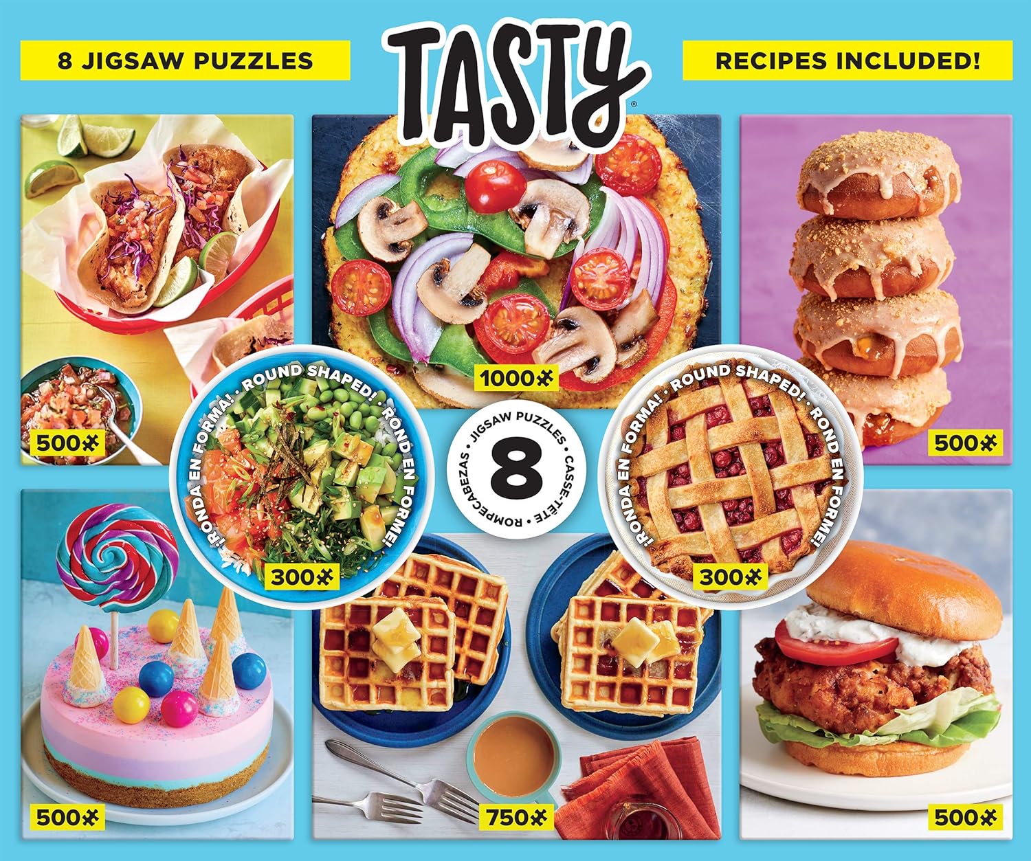 Ceaco - Tasty 8 in 1 Multipack Jigsaw Puzzle Bundle Set - (2) Round 300, (4) 550, (1) 750, (1) 1000 Pieces, Kids and Adults