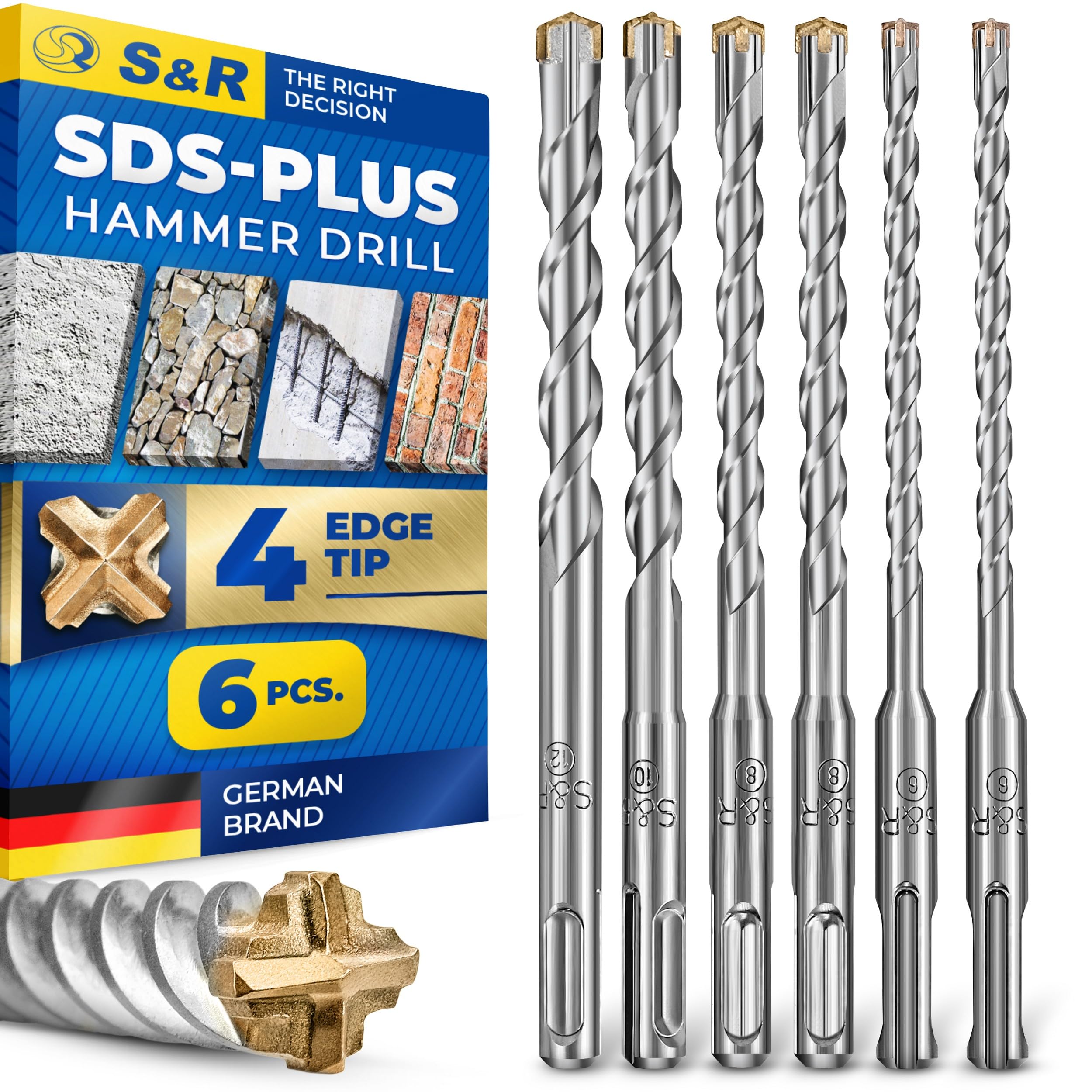 S&R SDS Plus Drill Bit Set 6 pcs 6–12 mm x 160 – SDS Masonry Drill Bits for Concrete, Brick & Stone | Carbide-Tipped | Round Storage Tube