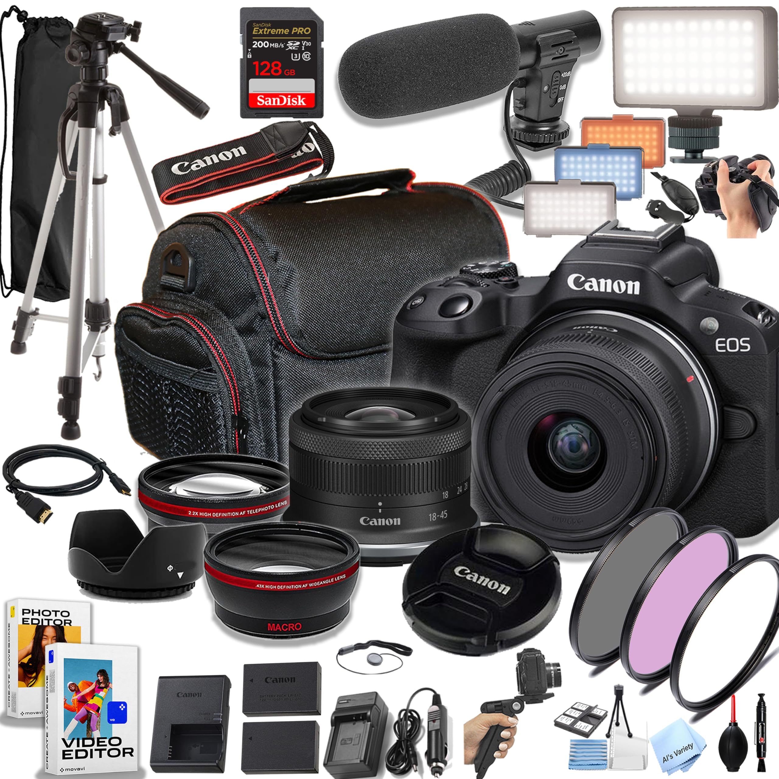 Photo 1 of *SEE CLERK NOTES* Canon EOS R50 24.2MP APS-C CMOS Sensor Mirrorless Camera with 18-45mm Lens, 128GB Extreme Speed Memory, Video Light, Microphone, Grip, Filters, Lenses, Case, Software, More, Black (Renewed) (JUST ACCESSORIES FOR CAMERA!!)