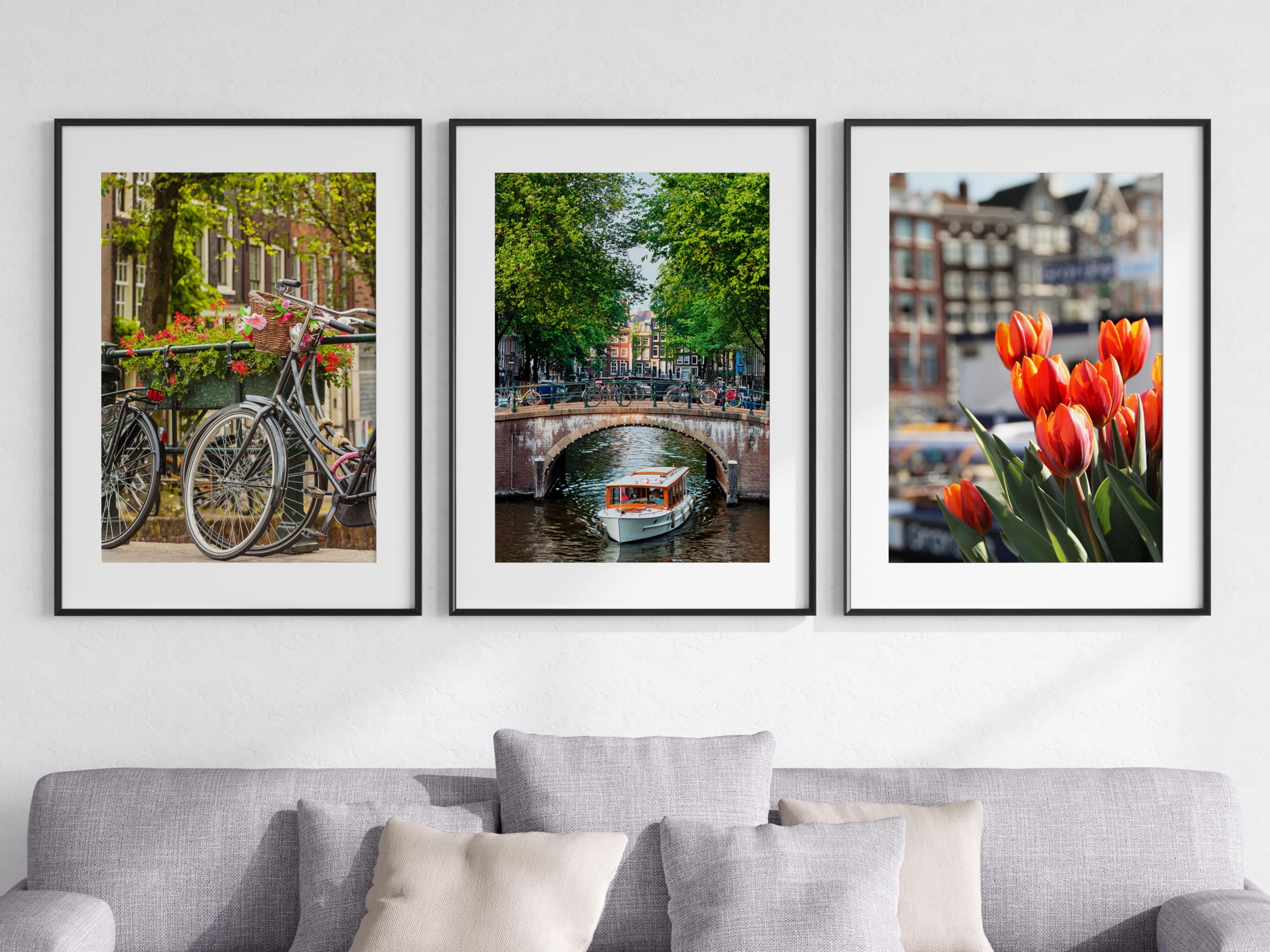 Eviepops Prints Amsterdam Landscape Set of 3 Unframed Poster Prints, Photographic City Landscape Art, Home Décor Wall Art, Red Tulips, Canals and Bridges, Bicycles, Canal Boat (A3)