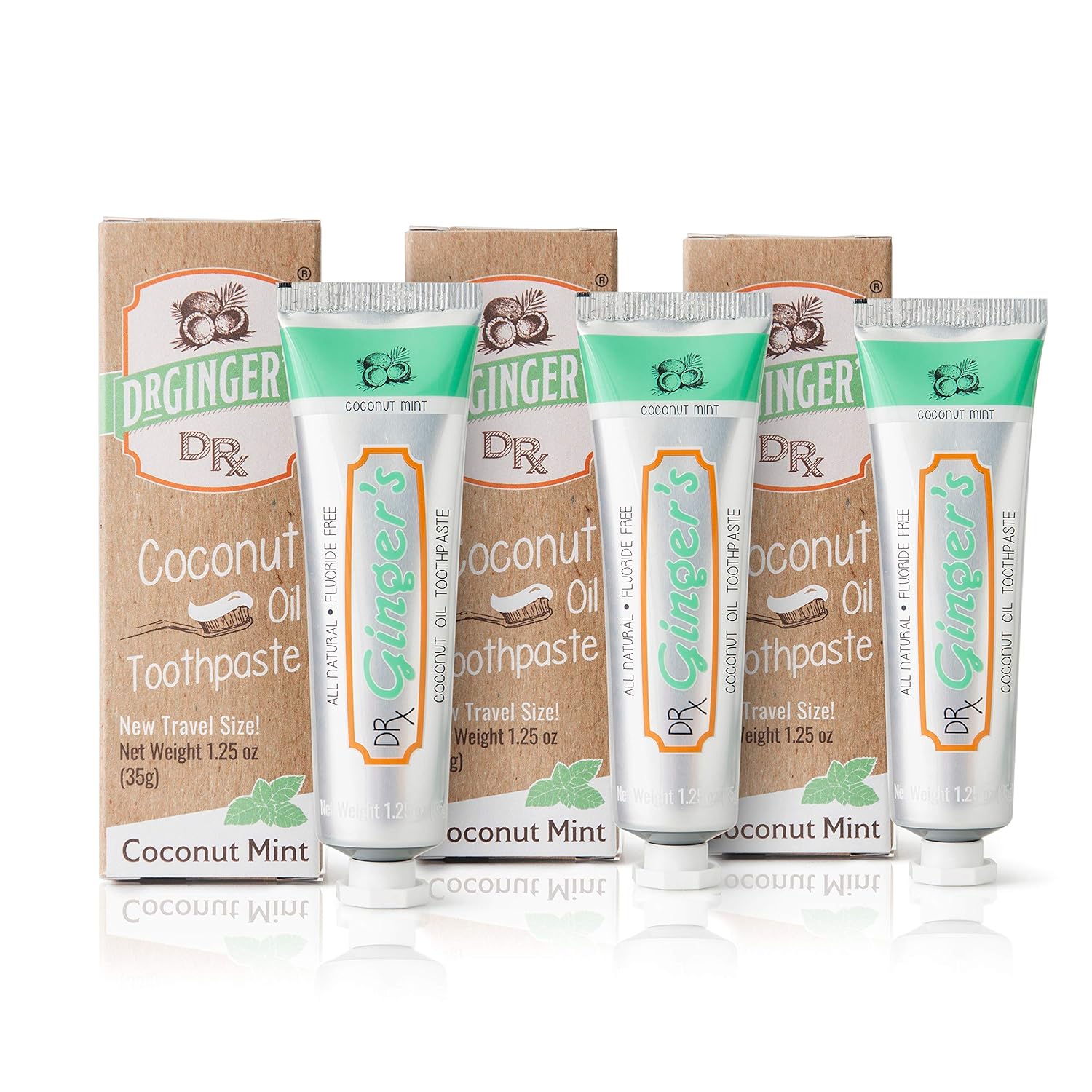 Dr. Ginger's Coconut Oil Toothpaste, 1.25 oz, 3 Count (Travel Size) - Coconut Mint Flavor