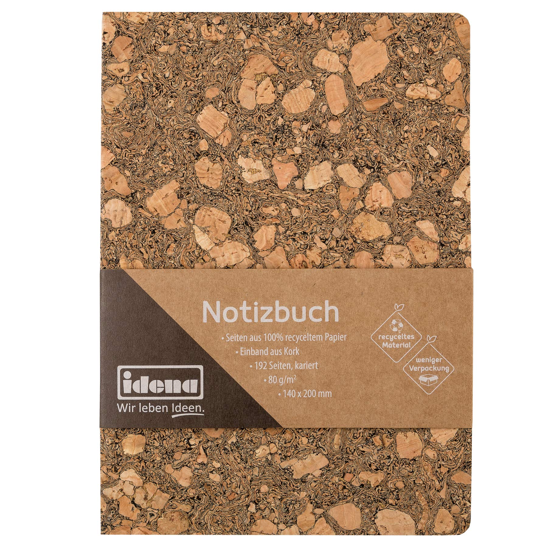 Idena 11001 Notebook 20 x 14 cm, Squared, 192 Pages, Made from 100% Recycled Paper, Cork Cover, 80 g/m², 1 Piece, Light Brown
