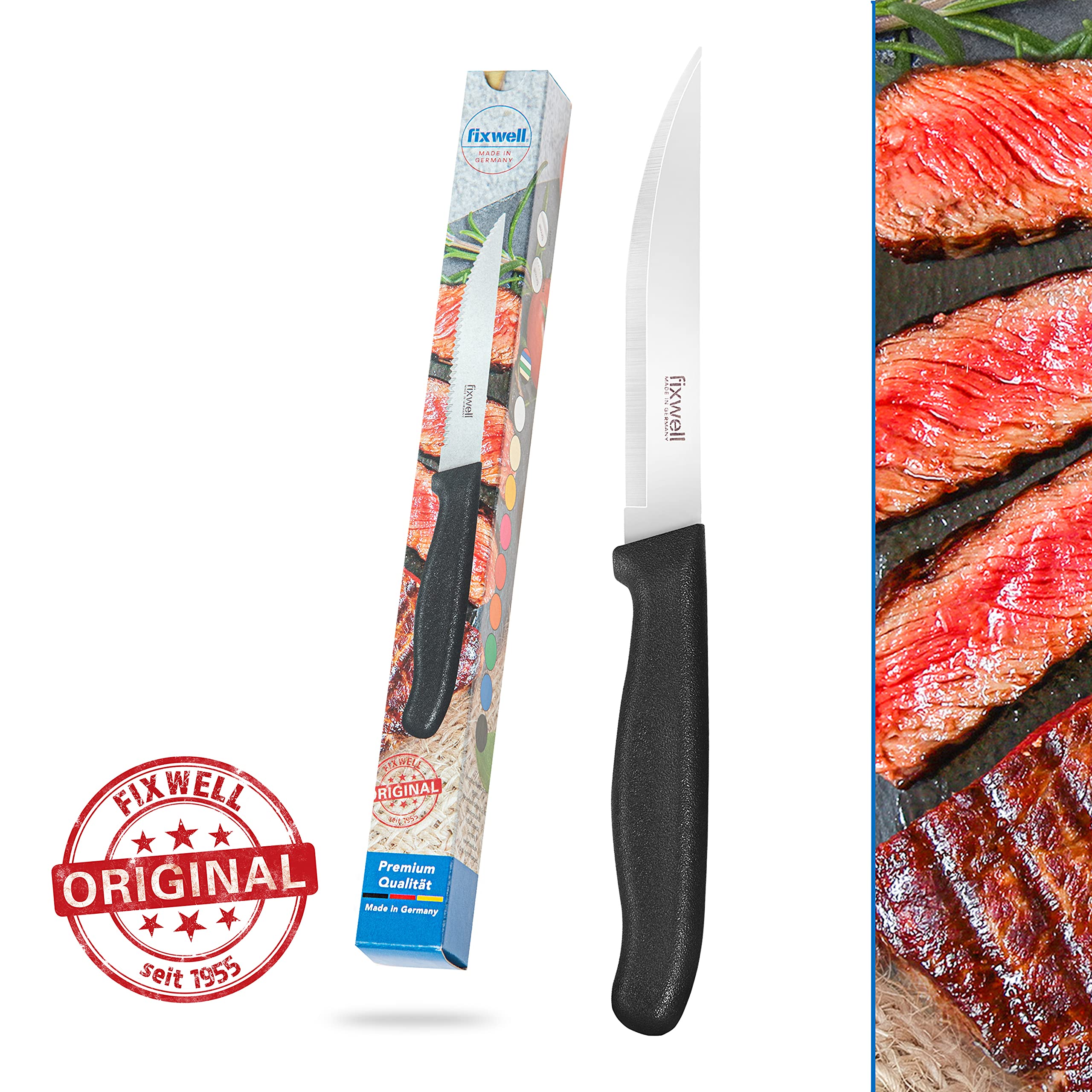Fixwell® Steakmesser, schwarz I sehr scharfes Fleisch-Messer, ideal für den Esstisch und Grillfleisch – sehr langlebig, rostfrei | spülmaschinenfest & lebensmittelecht | 100% Made in Germany seit 1955 5