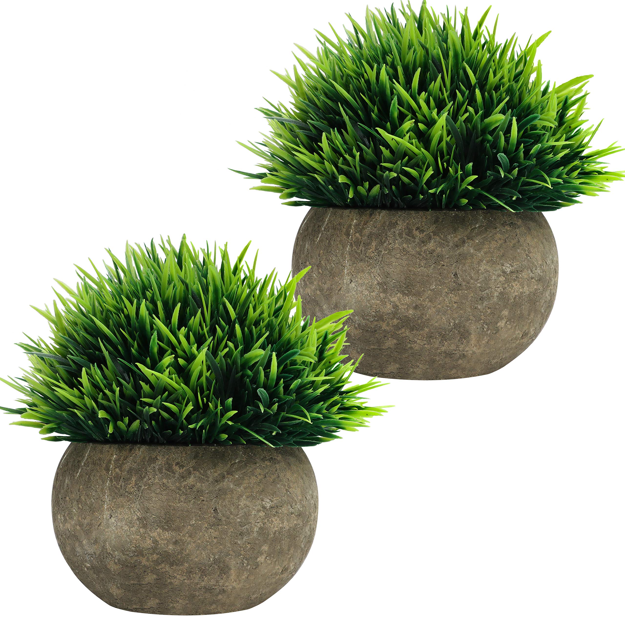 BELLE VOUS Mini Artificial Potted Plants (2 Pack) - Fake Green Grass Topiary Shrubs with Grey Pot - Small Faux Plastic Indoor & Outdoor Home Decor, Office & Bathroom Greenery Decoration