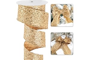 LIZLOVESS Gold Christmas Ribbon 2.5" Glitter Mesh Wired Ribbon for Christmas Tree Gold Diamond Honeycomb Ribbon for Gift Wrapping, Crafts, Wreath Supplies, Garland, Tree Topper Bows - 10 Yards