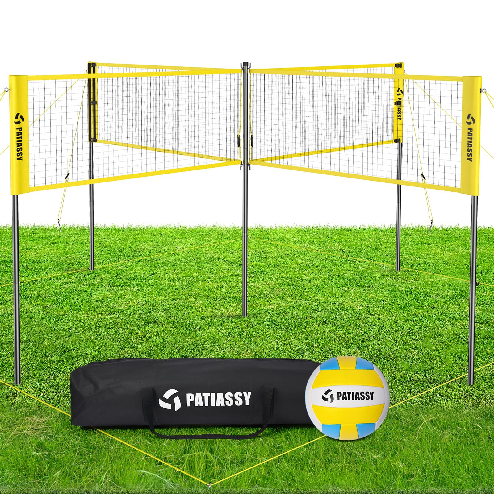 Photo 1 of Patiassy 16FT 4 Square Volleyball Game Set with Adjustable Height, 4-Way Volleyball/Badminton Net Outdoor for Backyard, Lawn and Beach with Volleyball and Carry Bag