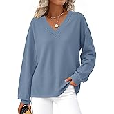 MASCOMODA Womens Tops Casual V Neck Waffle Knit Long Sleeve Shirts Trendy Loose Tunic Pullover Work Blouses Fall Outfits(Blue,XX-Large)