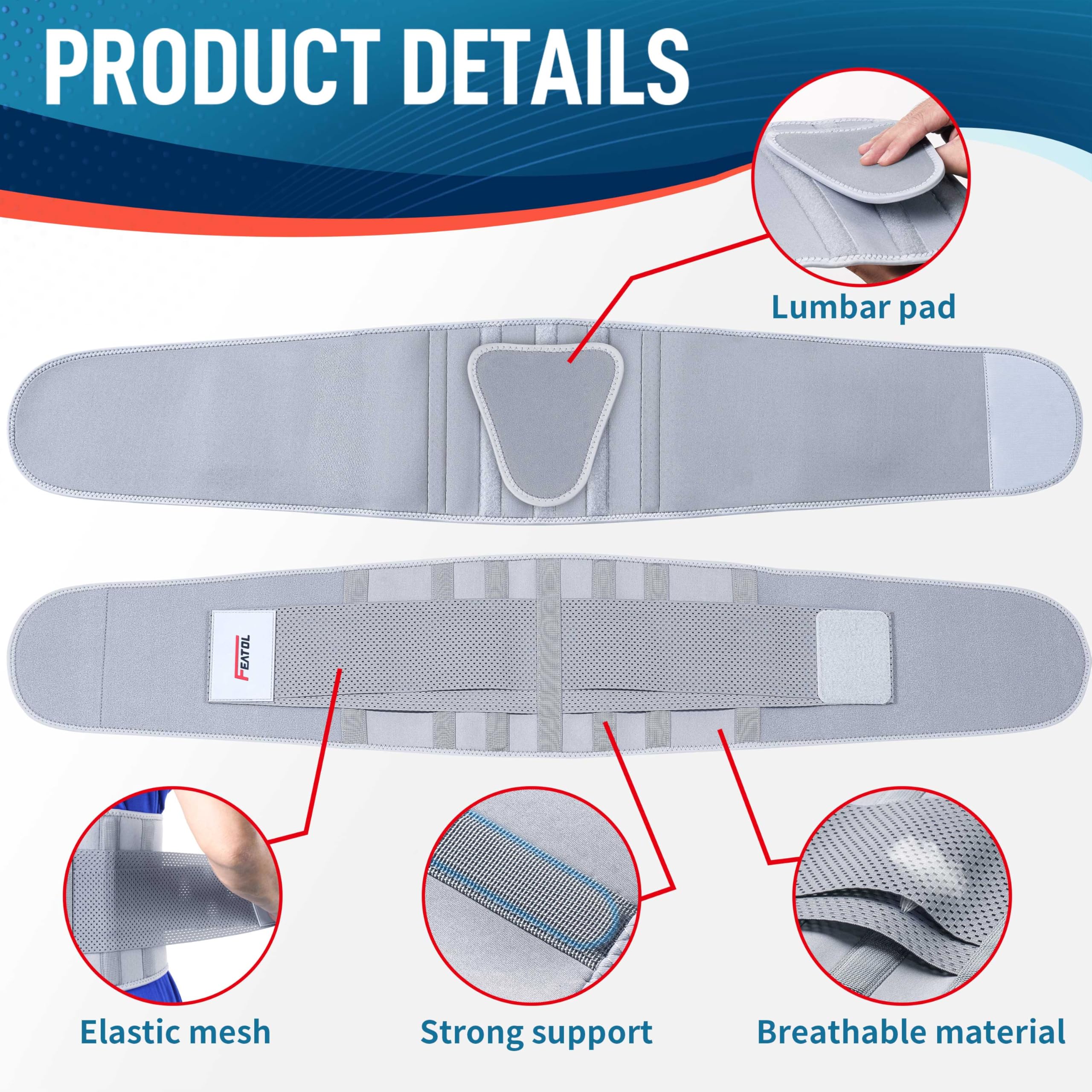FEATOL Back Brace Support Belt-Lumbar Support Back Brace for Back Pain, Sciatica, Scoliosis, Herniated Disc Adjustable Support Straps with Removable Lumbar Pad for Men & Women (Grey, Small/Medium (Pack of 1))