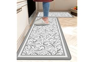 weesire Gray Kitchen Rug Anti Fatigue Mats for Kitchen Floor Kitchen Rugs Grey Paisley Boho Memory Foam Kitchen Mat Cushioned PVC Leather Kitchen Rug Set, 17.3x28+17.3x47 inchs