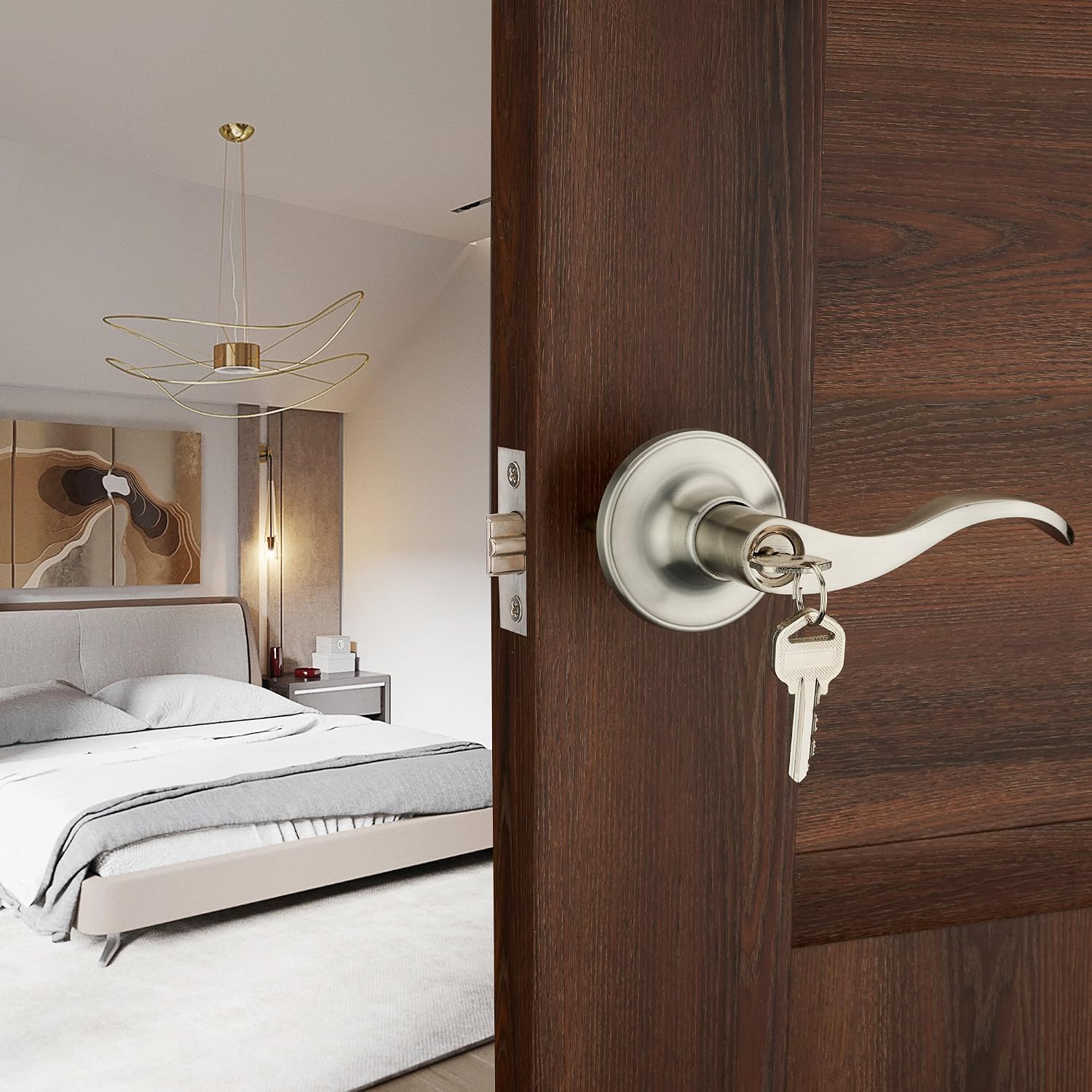 HENYIN Wave Lever Keyed Entry Door Lock/Door Knob Hardware Wave Handle and Closet Lockset(805SN-R), Silver - Image 4