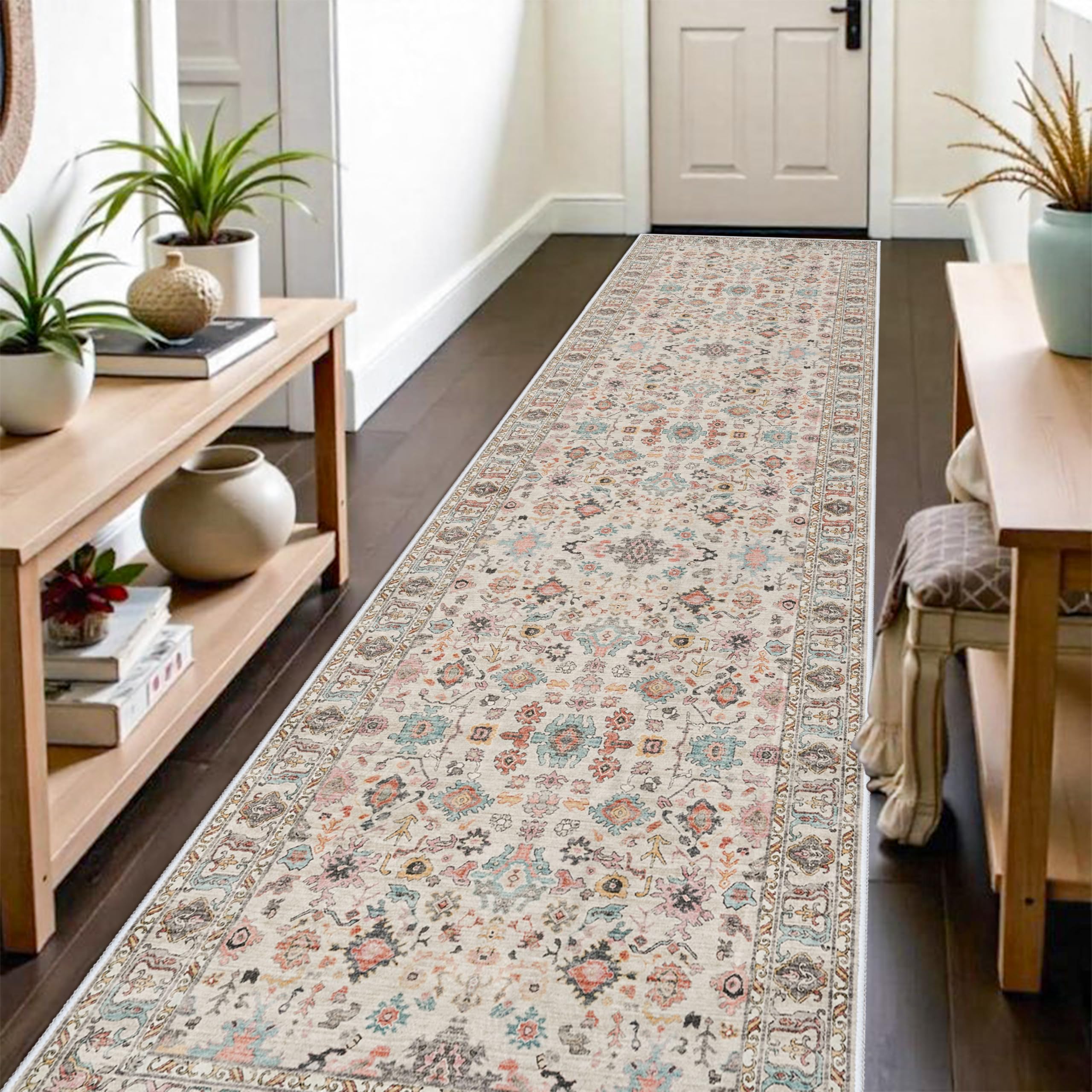Photo 1 of TOPRUUG Hallway 3x12 Runner Rug: Non Slip Runner Rugs with Rubber Backing Floral Soft Kitchen Rug Farmhouse Distressed Carpet Runner for Living Room Bedroom Bathroom (Beige/Colorful, 3X12)