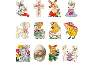 A1diee 12Pcs Vintage Easter Cutouts Decorations Retro Easter Victorian Ephemera Paper Cut Craft Bunny Lamb Chick Egg Duckling Cross Large Artwork Cardboard with Glue Point for Home Wall Window Decor