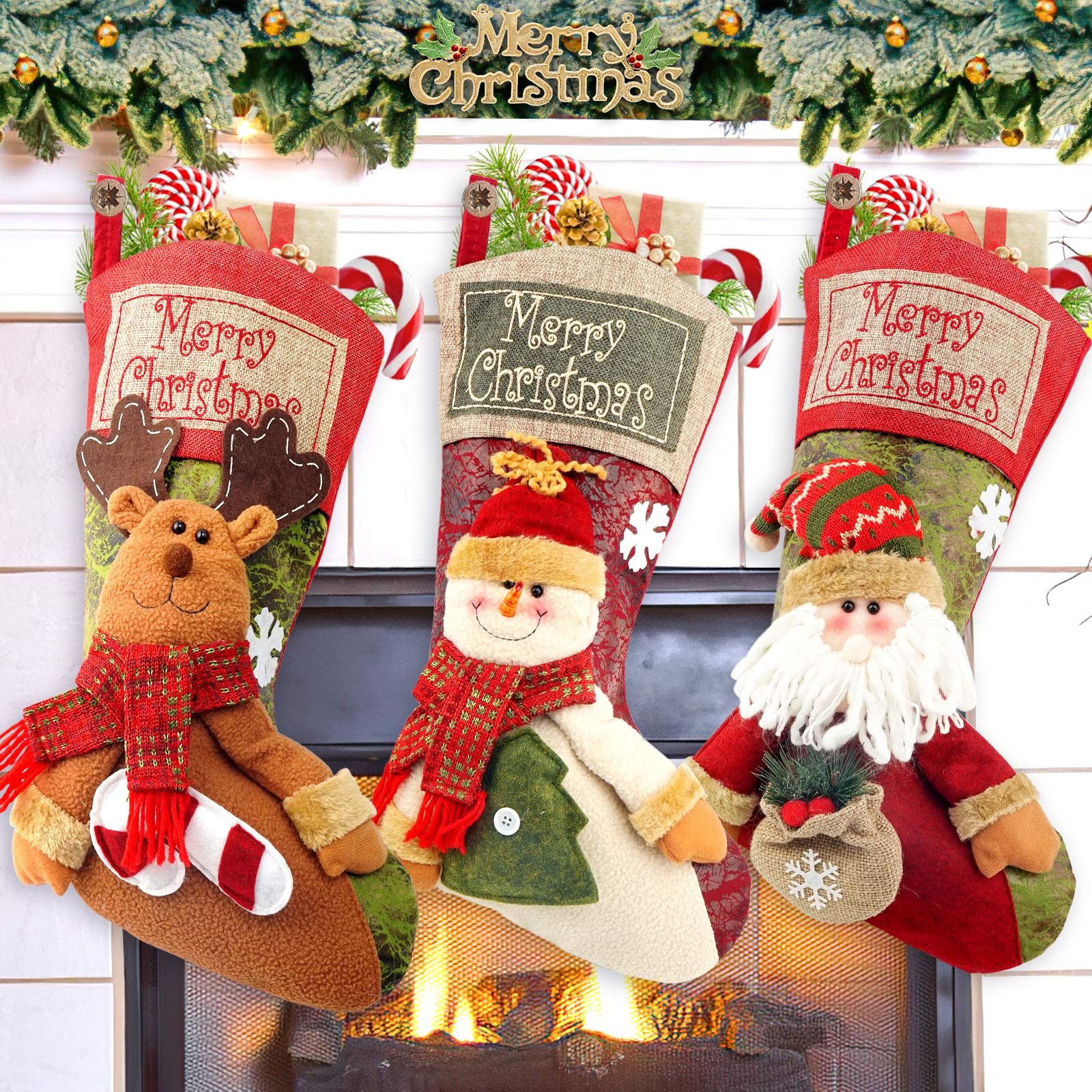 COOLWUFAN Christmas Stockings, 3 Pack 18" Personalized Xmas Stockings with 3D Snowflake Santa, Snowman, Reindeer for Family Holiday Christmas Party Decorations