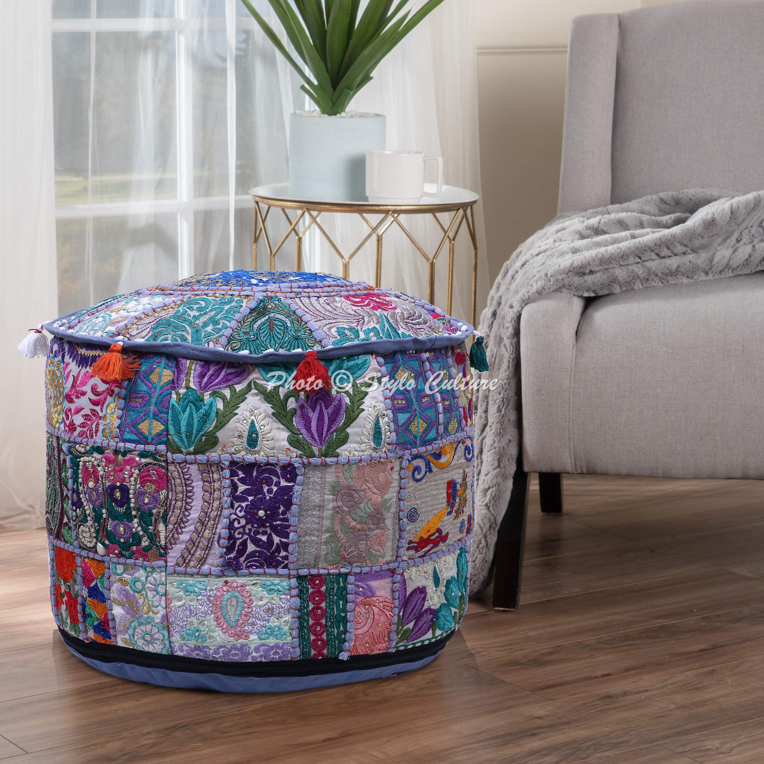 Stylo Culture Cotton Pouf Ottoman For Living Room 16" Patchwork Embroidered Tuffet Hassock Stool Pouffe Cover Grey Floral Footstool Cushion Ethnic Home Decoration Furniture (COVER ONLY)