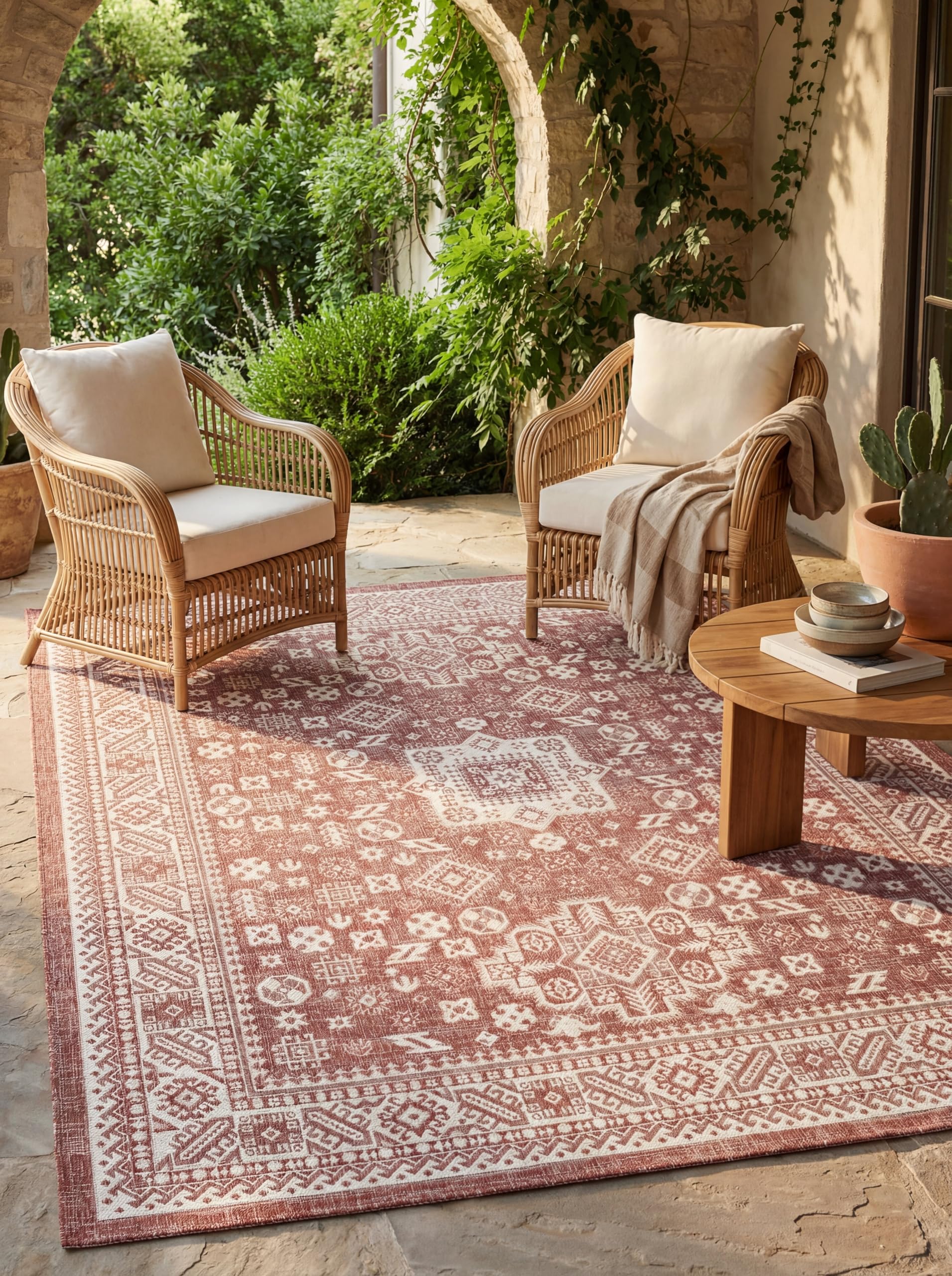 Rugs.com Outdoor Aztec Collection Rug – 8' x 11' Rust Red Flatweave Rug Perfect for Living Rooms, Large Dining Rooms, Open Floorplans Image